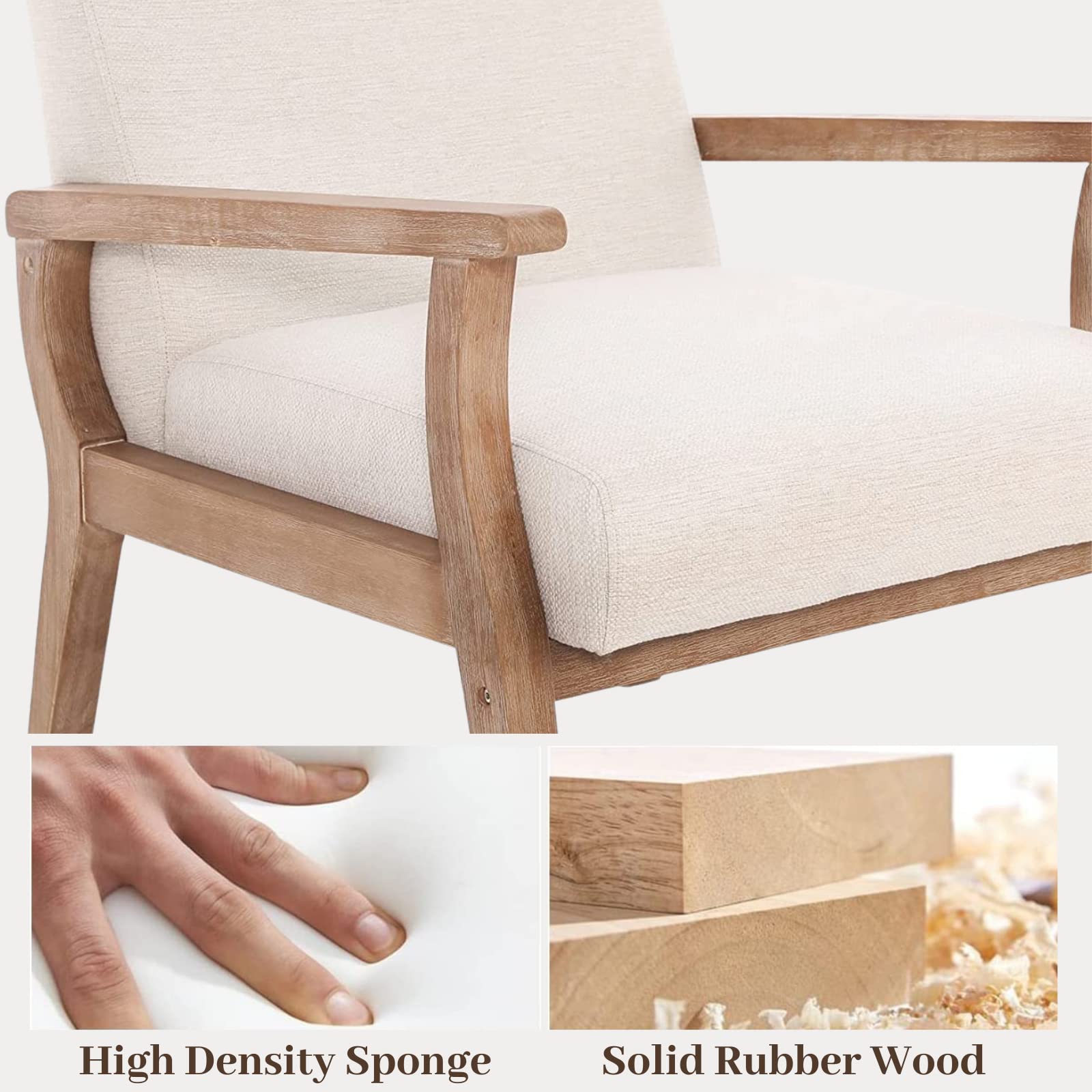 Mid Century Modern Beige Accent Chair - Solid Wood Armchair with Linen Upholstery, Comfortable Sitting Chair for Living Room, Bedroom, Office - Cream Home Decor for Relaxation & Reading Nook