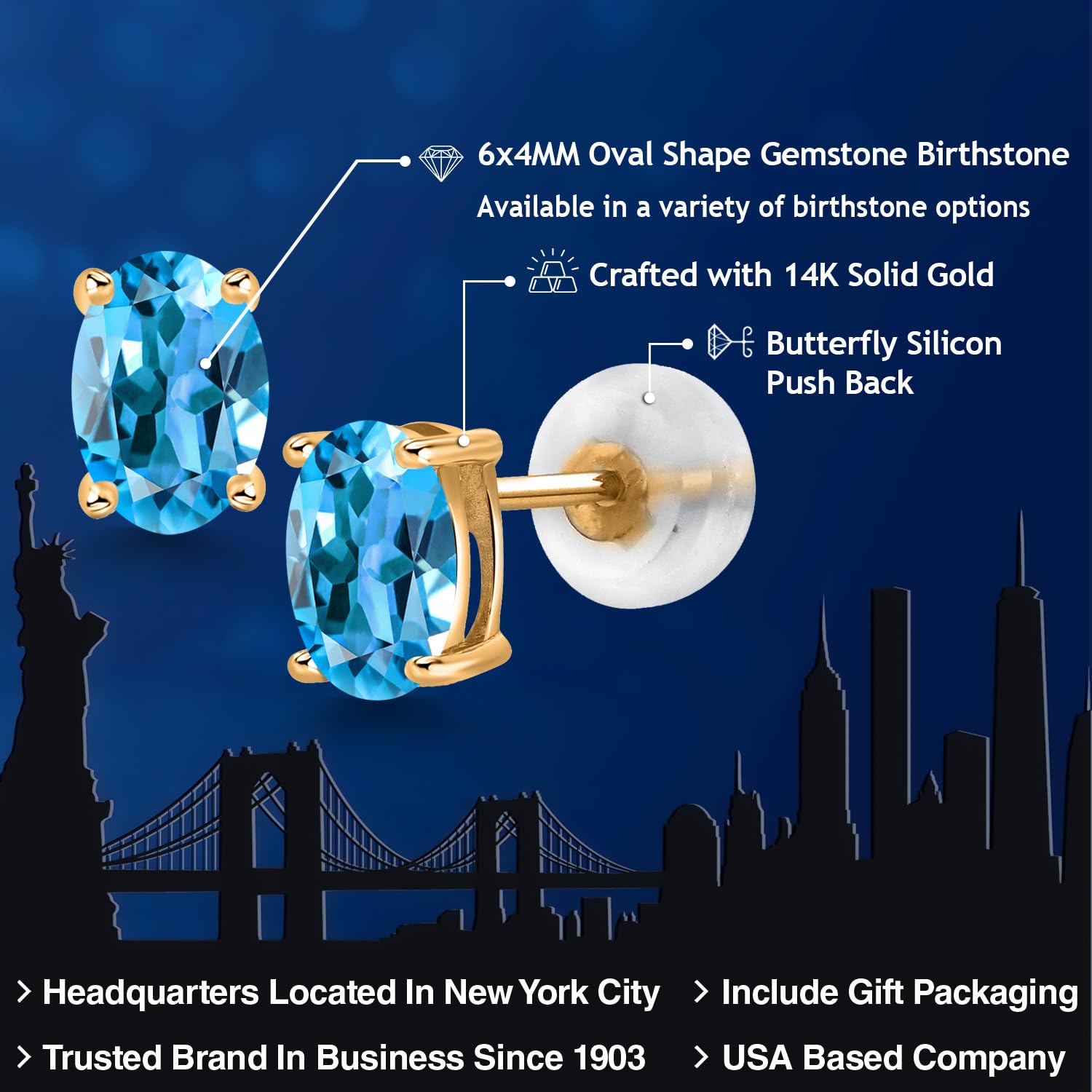 14K Gold Oval Gemstone Birthstone Stud Earrings for Women & Men | 6x4mm Oval Cut | Fine Jewelry Gift for Her, Mom, Wife | Anniversary, Birthday, Valentine's Day Present