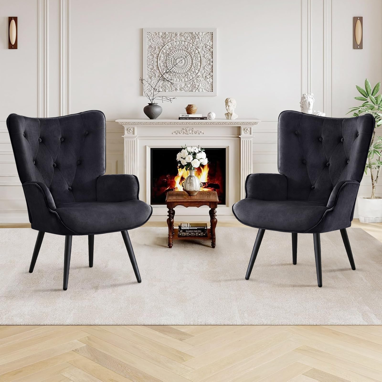 Furniliving Velvet Accent Chair - Modern Upholstered Side Armchair with Tapered Legs & Tufted Button Wingback Design - Tall Back Reading Chair for Living Room, Bedroom, Office Waiting Area - Perfect for Relaxing, Reading & Home Decor - Black