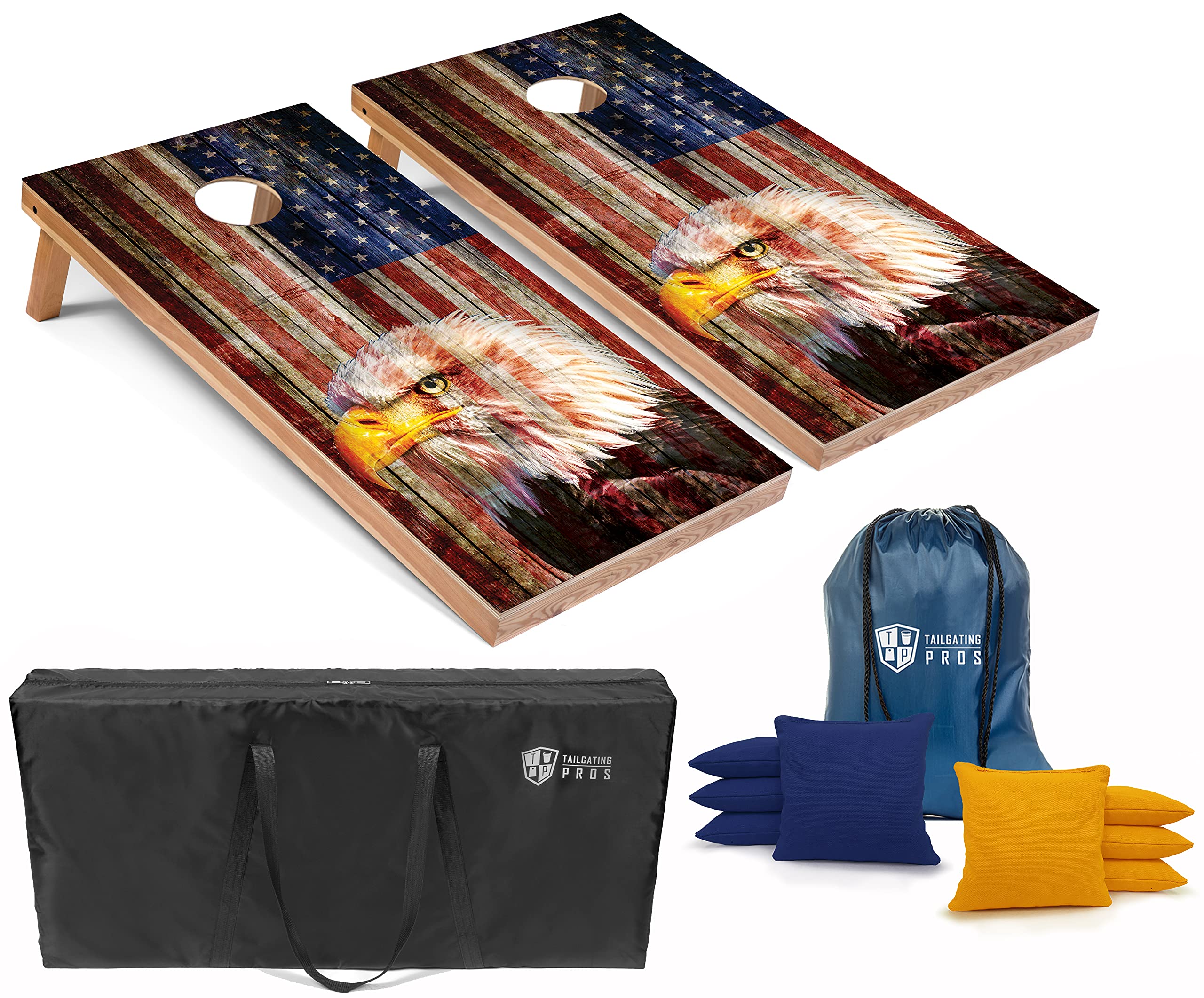 Patriotic Eagle US Flag Cornhole Board Set with Bean Bags & Carrying Case - 4'x2' Outdoor Toss Game for Tailgating, Backyard Parties, BBQs - Optional LED Lights for Night Play