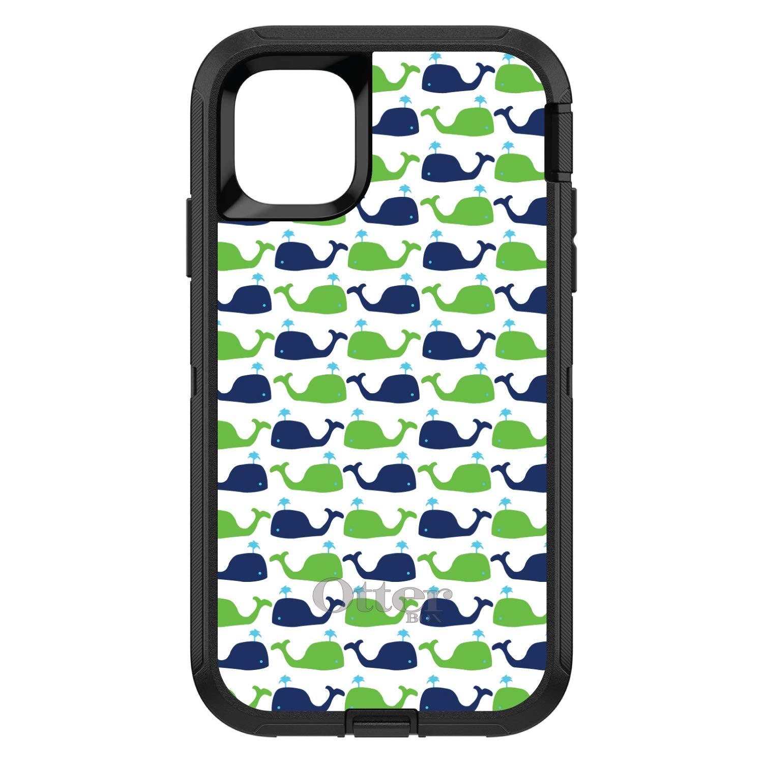 DistinctInk iPhone 13 Pro MAX Case (6.7 Inch) - Durable Protective Cover Replacement for OtterBox Defender - Custom Black with Green Navy Cartoon Whales Design - Perfect for Outdoor Activities, Travel & Daily Use