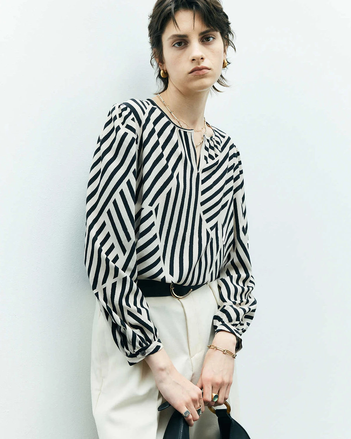 Elegant Geometric Stripe Silk Blouse for Women - Luxury Silk Shirt with Unique Print - Perfect for Office Wear, Date Night & Special Occasions