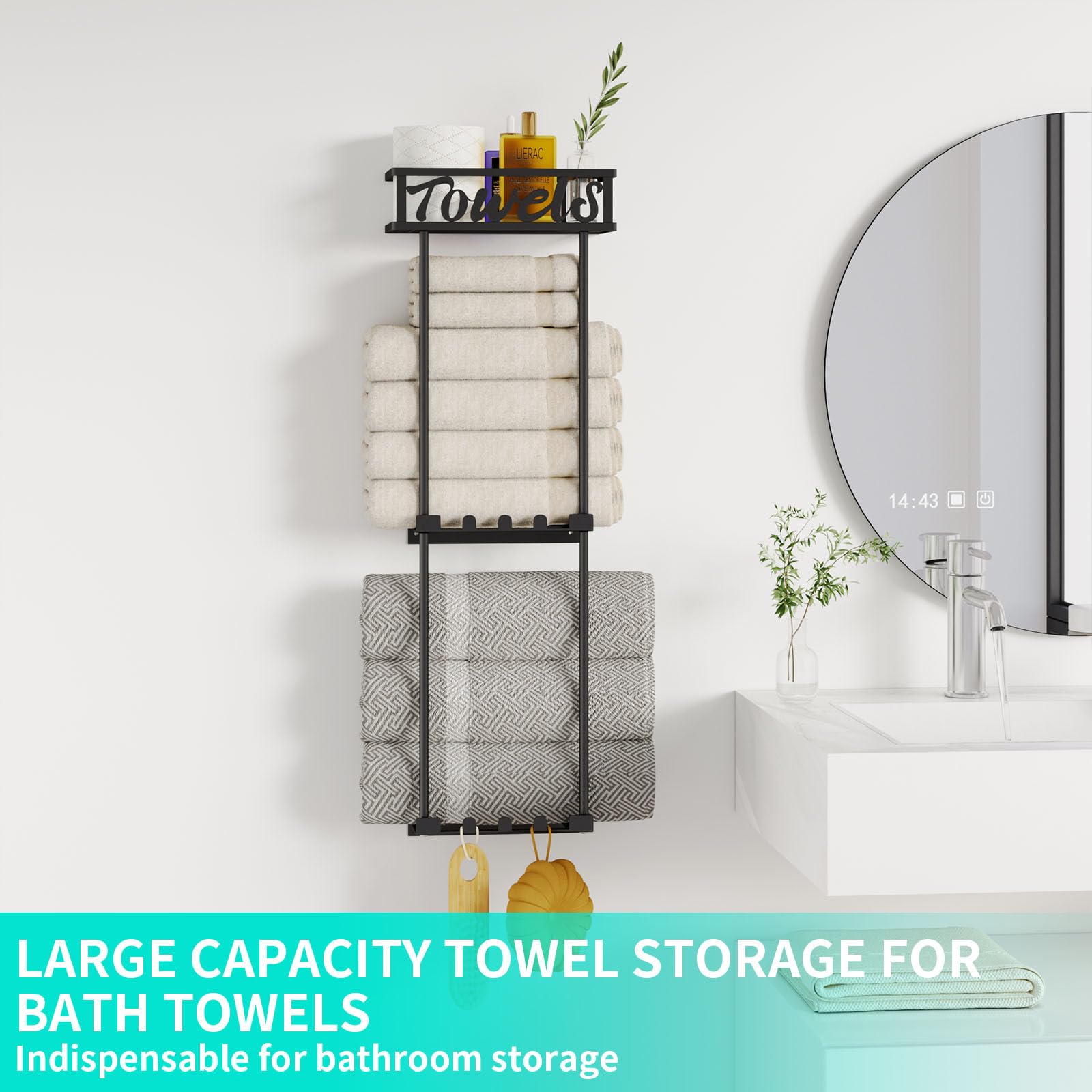 3-Tier Wall Mounted Towel Rack Organizer with Storage Basket & 6 Hooks - Space Saving Bathroom Storage Solution for Rolled Towels, Washcloths & Toiletries - Perfect for Small Bathrooms, Laundry Rooms & Spa Areas (Black)