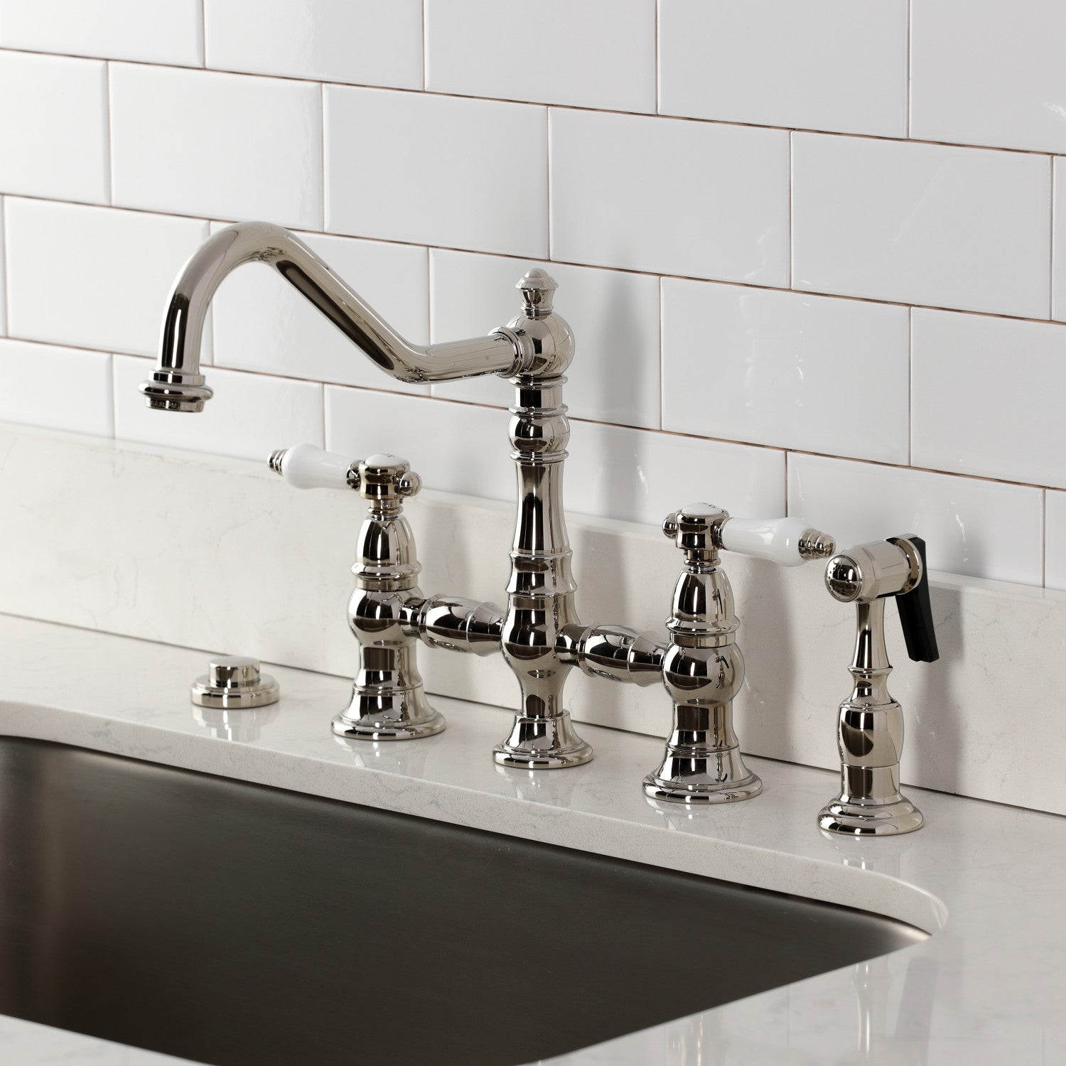 Bel Air KS3276BPLBS Two Handle 4 Hole Deck Mount Bridge Kitchen Faucet with Brass Side Sprayer in Polished Nickel - Perfect for Modern Farmhouse & Commercial Kitchens