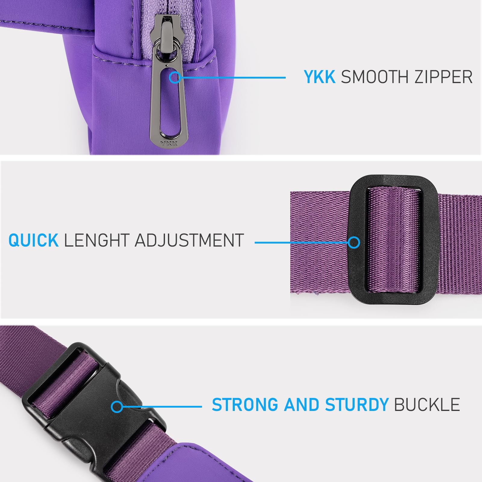 ZORFIN Adjustable Crossbody Fanny Pack for Women & Men - Light Purple Belt Bag for Hiking, Running, Travel - Hands-Free Waist Pack for Outdoor Activities, Concerts & Daily Use