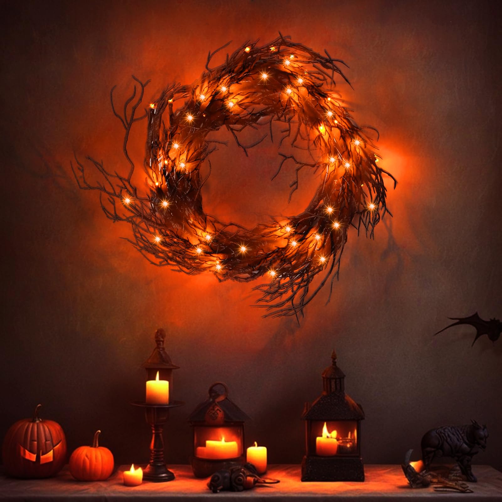 45 LED Halloween Willow Vine Garland - 6ft Battery Operated Waterproof Orange Lights with 8 Modes & Timer for Indoor Wall, Fireplace Mantel, Window, Porch, and Party Decorations