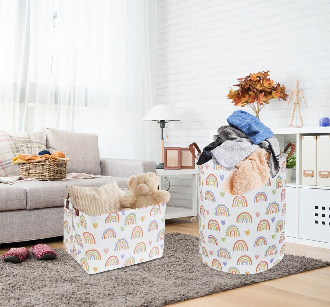 Large Rectangle Rainbow Storage Basket with Handles - Kids Toy Organizer, Canvas Book Bin, Room Decor & Gift Basket (Rainbow) - Perfect for Nursery, Playroom & Home Organization