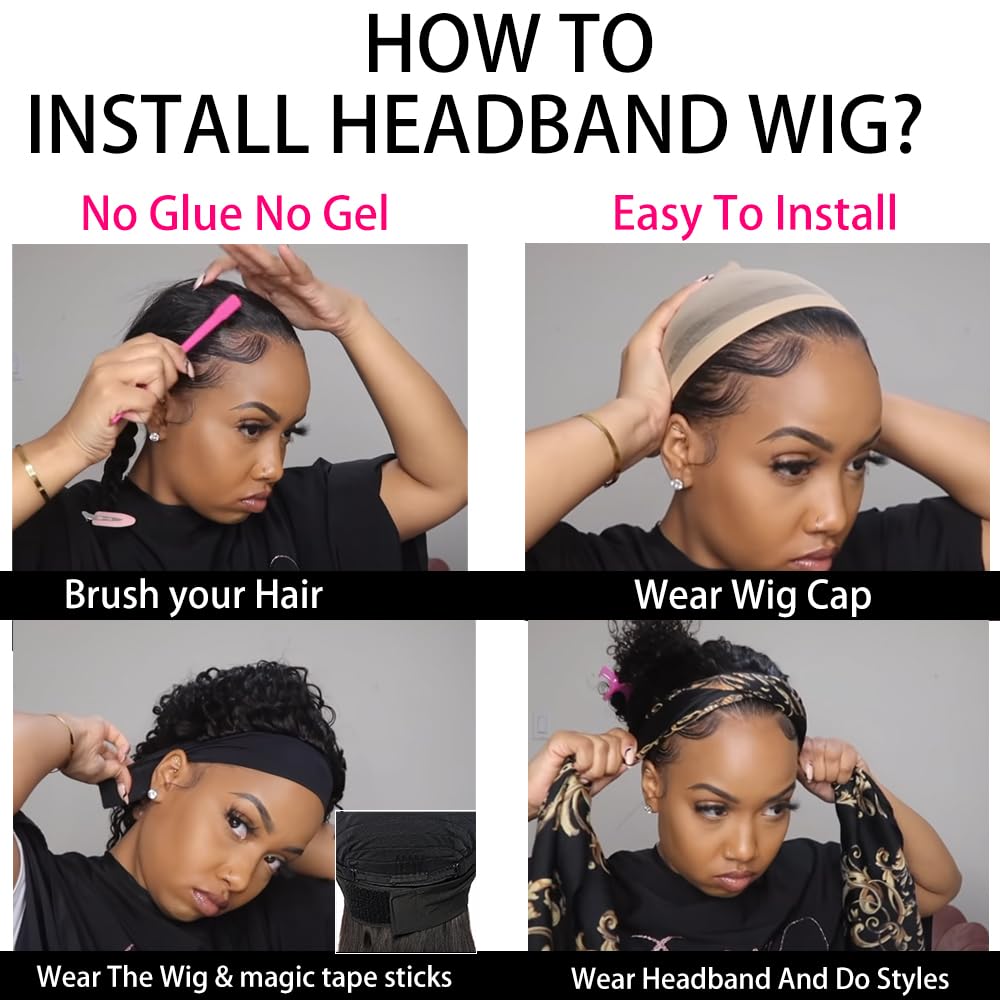 26 Inch Deep Wave Headband Wig Human Hair - Glueless Curly Headband Wig for Black Women | Wear & Go Natural Color No Lace Front Human Hair Wig for Beginners | Perfect for Daily Wear, Parties & Special Occasions