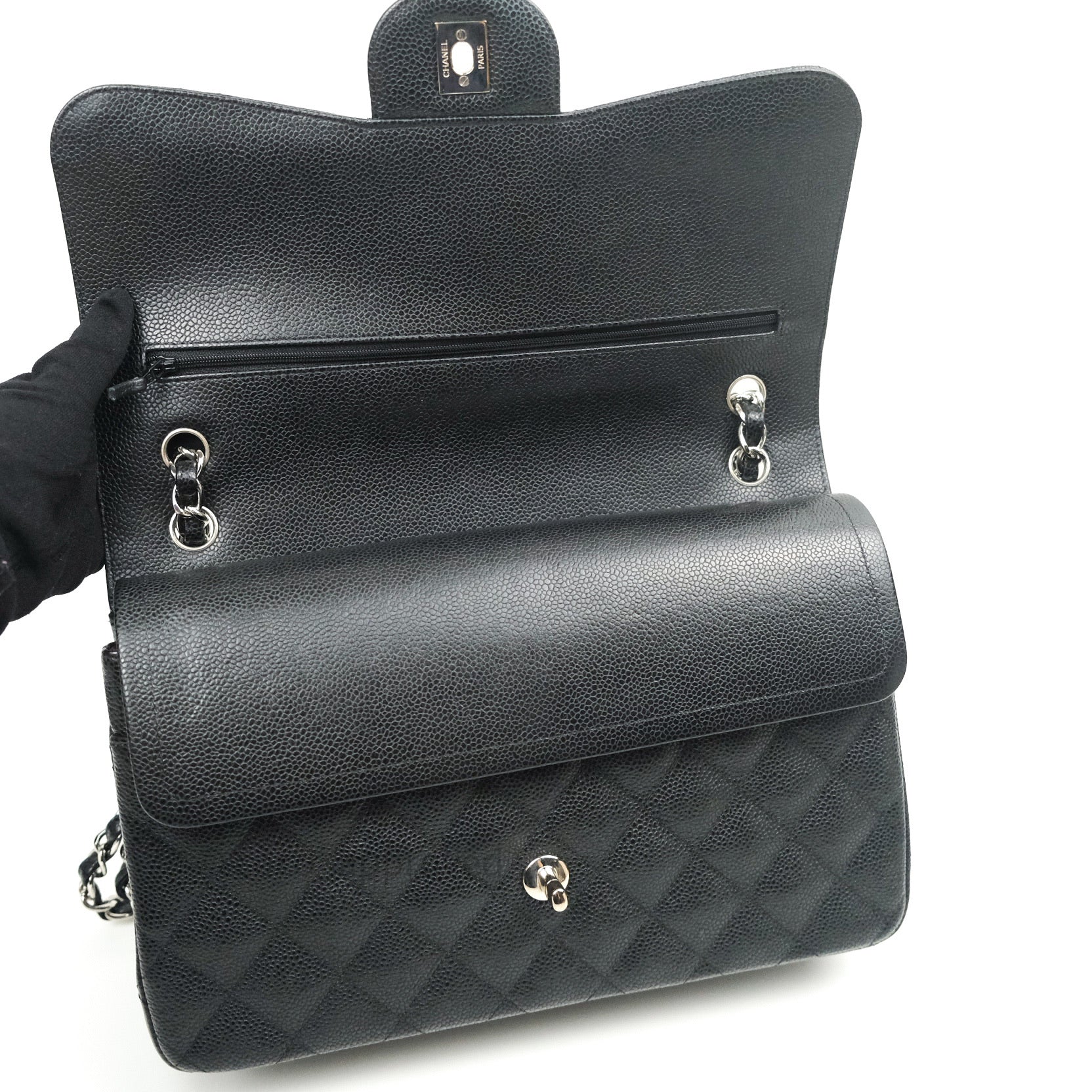 Chanel Classic Jumbo Double Flap Bag in Black Caviar Leather with Silver Hardware | Luxury Designer Handbag for Women | Perfect for Evening Events, Work & Special Occasions