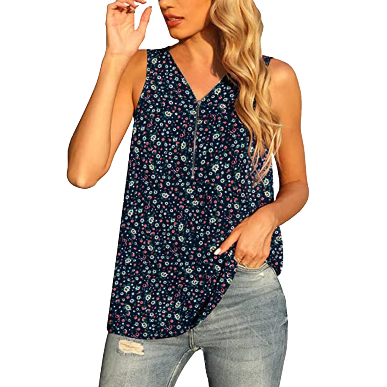 Women's Cute Graphic Tank Tops - Summer Casual Sleeveless V-Neck Blouses with Half Zipper | Loose Fit Vest Shirts for Beach, Gym & Everyday Wear