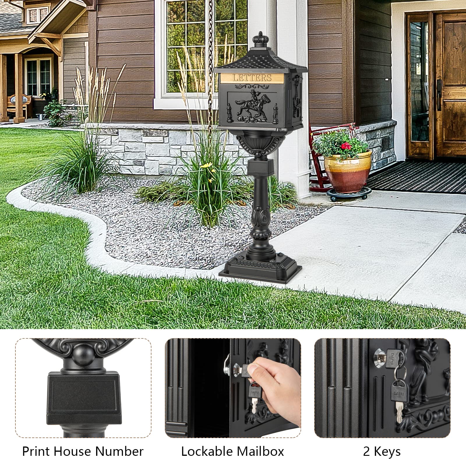 Giantex Black Cast Aluminum Mailbox - Secure Outdoor Mailbox with Lock & Keys for Home Security