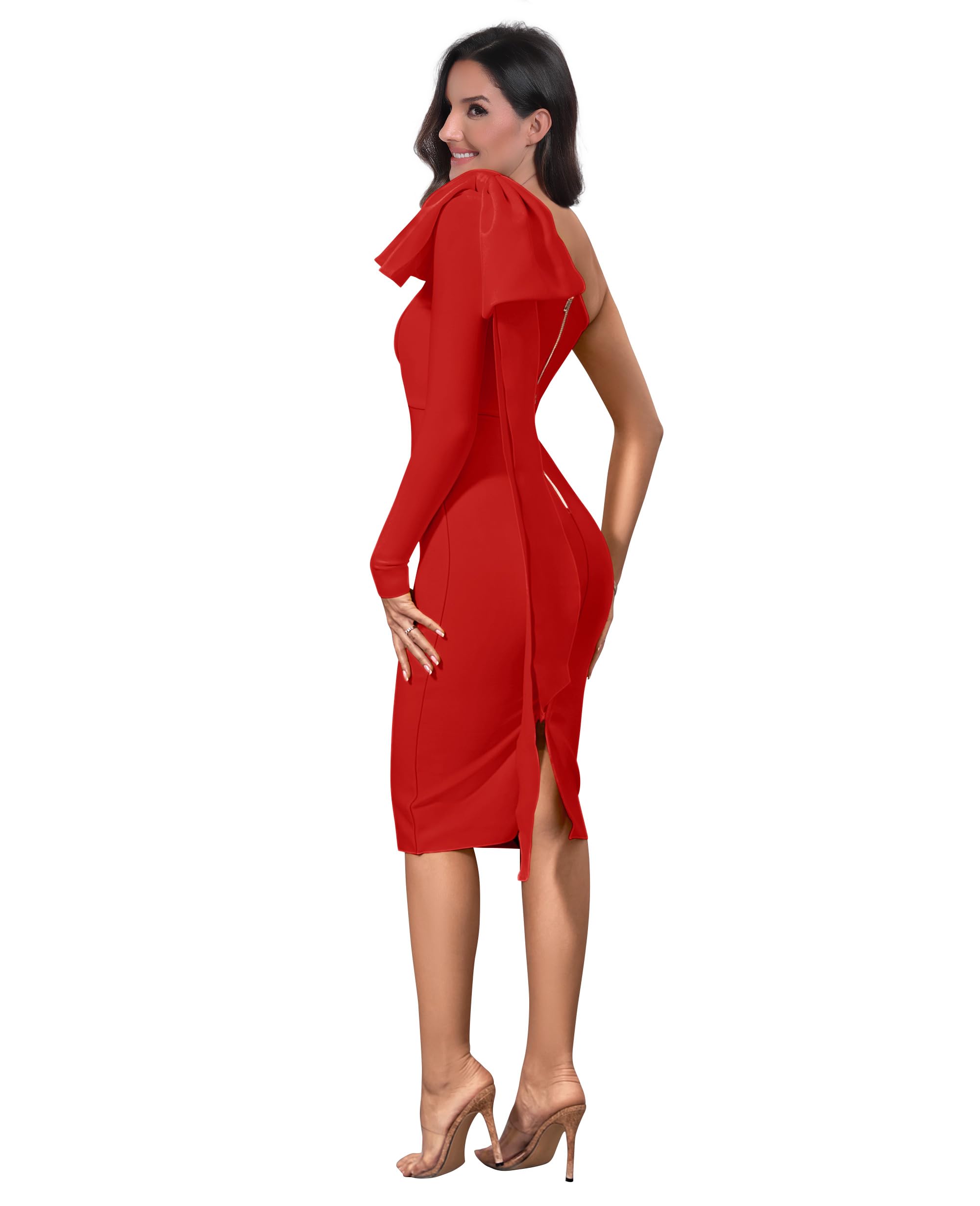 Maketina Women's One Shoulder Ruffle Long Sleeve Bandage Dress - Elegant Club & Cocktail Party Dress for Night Out, Date Night, and Special Occasions