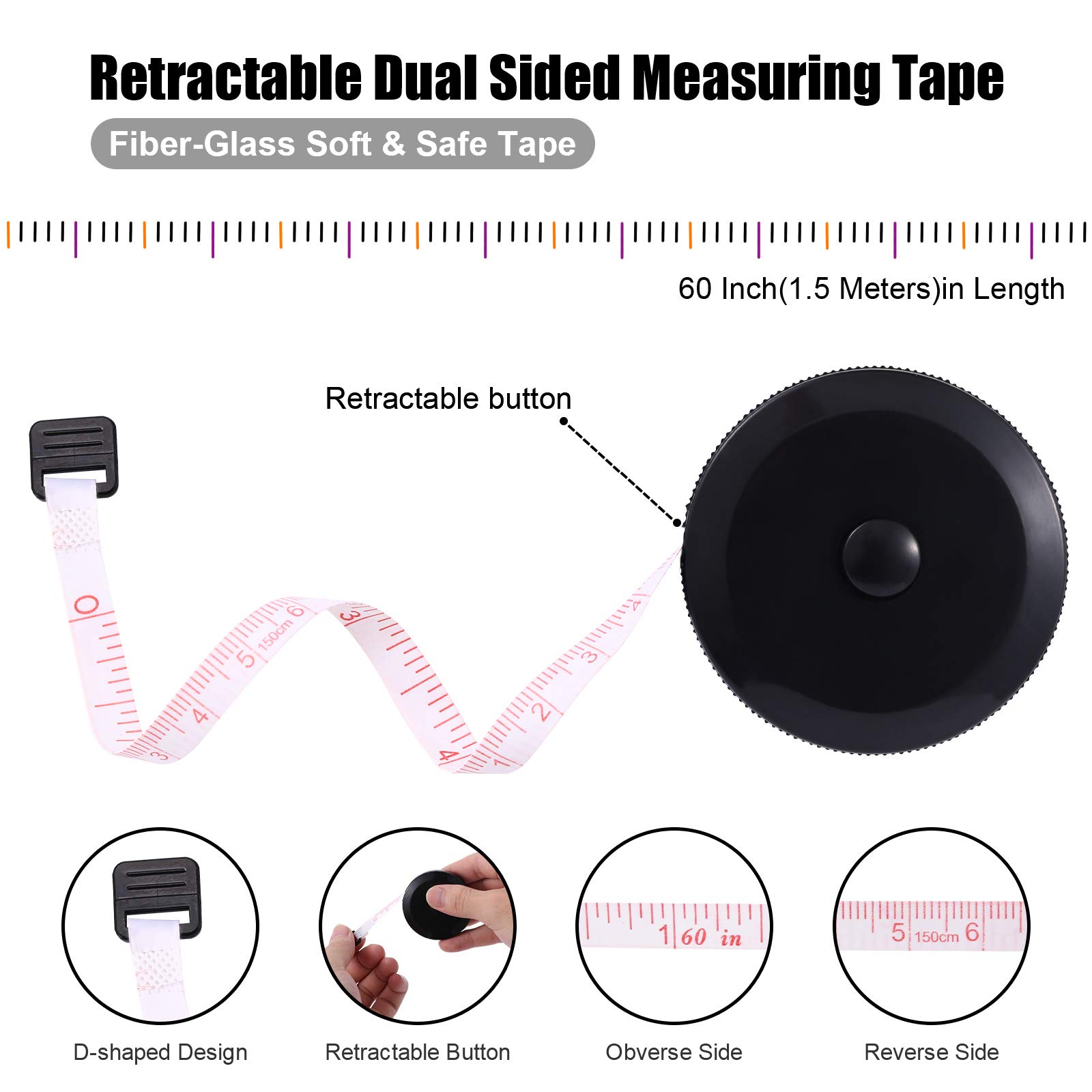 Retractable Tape Measure 60 Inch - 3 Pack Fabric Measuring Tape for Sewing, Craft, Nursing & Medical Use - Black, Purple, Sky Blue - Perfect for Travel, DIY Projects & Home Improvement