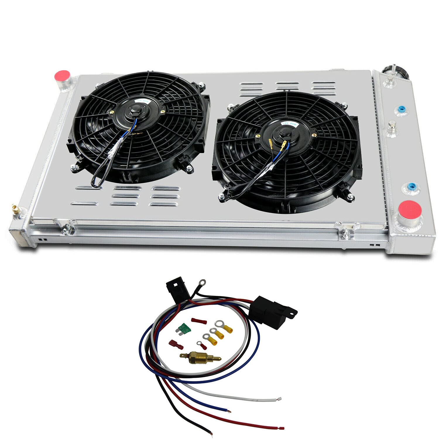 4 Row Aluminum Radiator with Shroud Fan & Relay Kit for 1971-1990 Chevy C/K 10 20 30 & Caprice - Heavy Duty Cooling Upgrade for Classic Trucks & Cars - Perfect for Restoration Projects & Hot Rod Builds