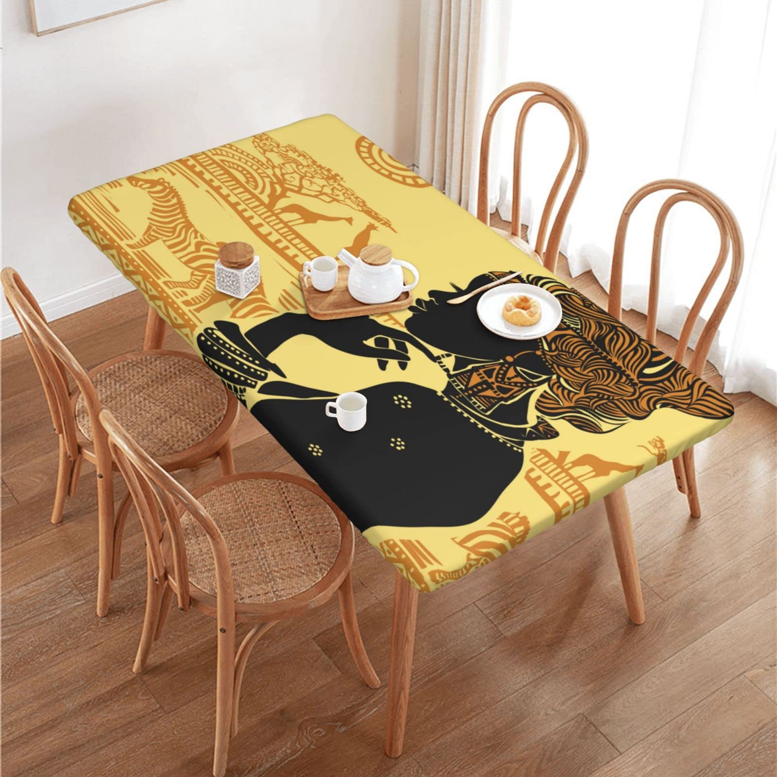 Waterproof Fitted Tablecloth for 4ft Rectangle Tables - Elastic Edged, Foldable African Print Table Cover for Indoor/Outdoor Use - Perfect for Patio Dining, Parties & Events