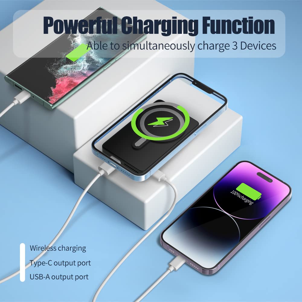 RUNSY Magnetic Wireless Power Bank 10000mAh - Foldable Stand Portable Charger for iPhone 14/13/12 Series | Magsafe Compatible Battery Pack with USB-C Cable | Perfect for Travel, Work & Outdoor Activities