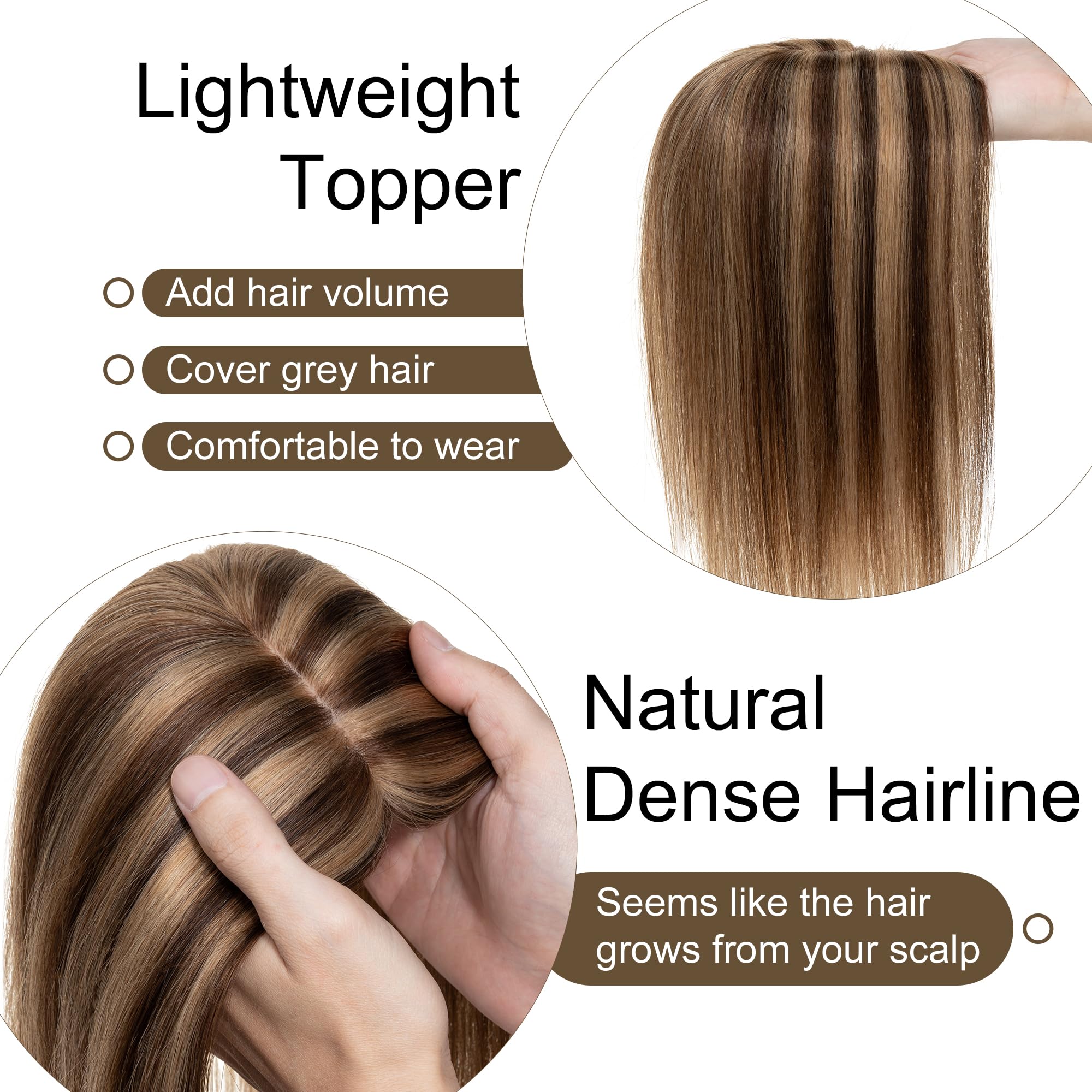 SEGO 130% Density Human Hair Toppers for Women - No Bangs, 10x12cm Silk Base, 100% Remy Clip-in Top Wiglet for Thinning Hair - 14 Inch Medium Brown & Dark Blonde - Perfect for Daily Wear, Parties & Hair Loss Solutions