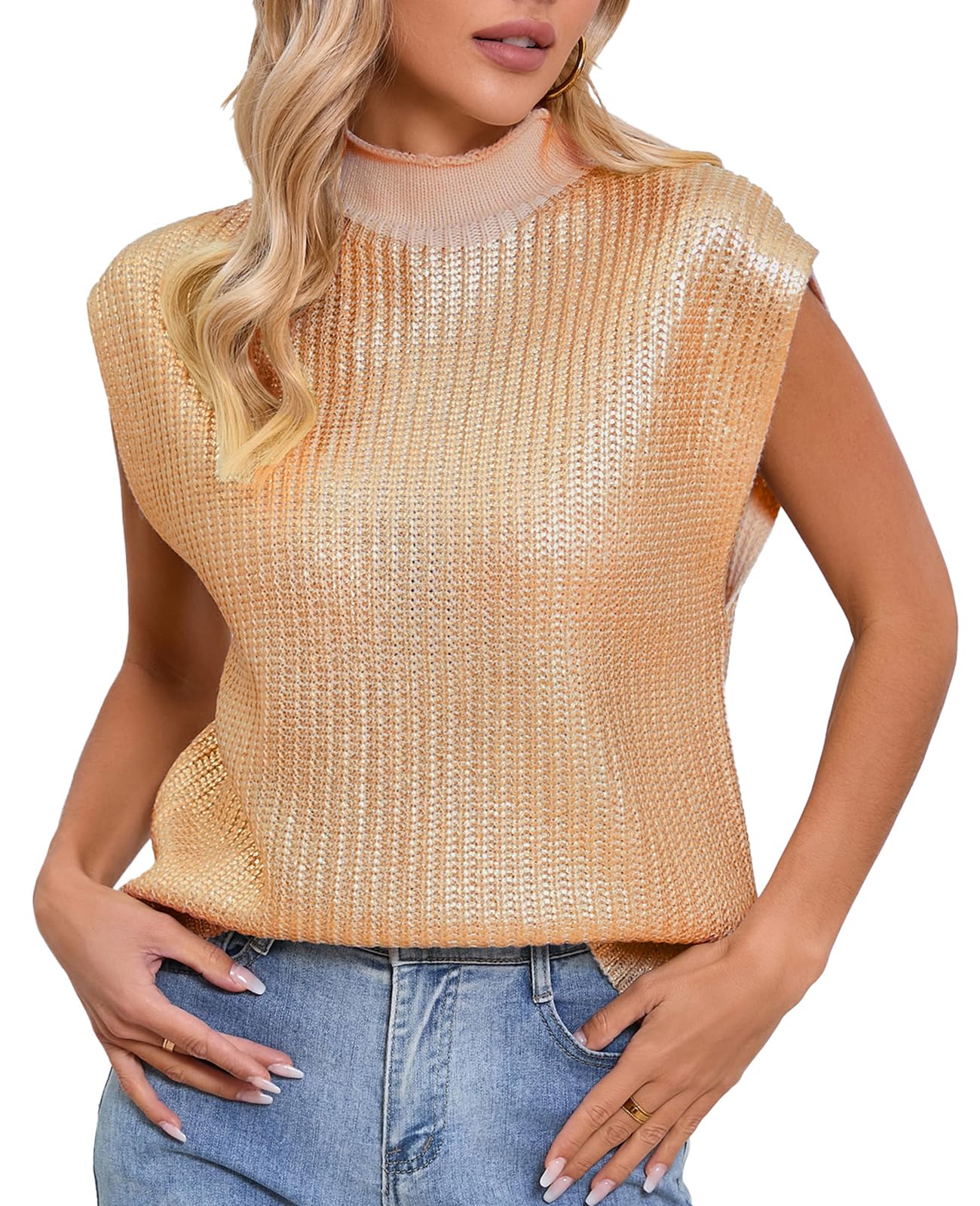Stylish Metallic Sweater Vest for Women - Cap Sleeve Mock Neck Summer Knit Top | Loose Fit Pullover for Casual Wear, Office Outfits & Summer Fashion
