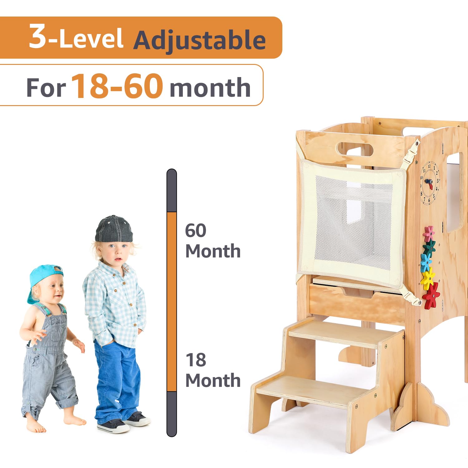 **Foldable Toddler Tower & Step Stool - Adjustable Height Montessori Learning Tower with Blackboard & Toys for Kitchen, Playroom & Homeschooling**