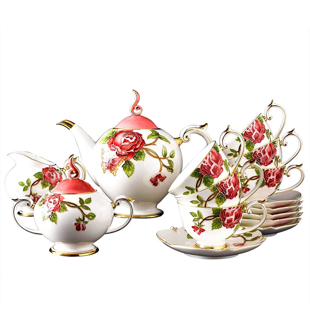 15-Piece Floral Embossed Porcelain Coffee & Tea Set - Vintage Crown Design Cups & Saucers - Elegant Tea Party Collection for Home, Cafe & Wedding Events