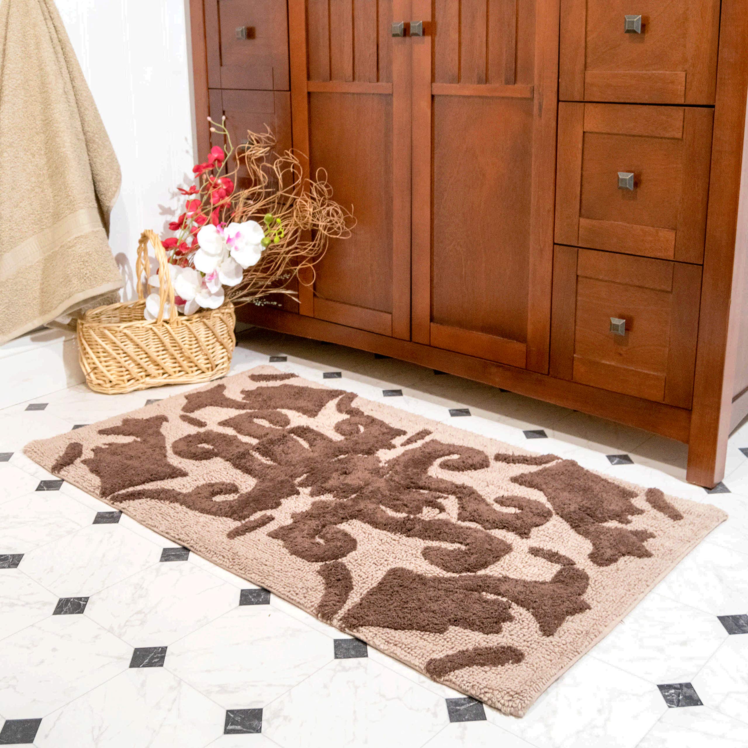 Premium 2-Piece Chesapeake Iron Gate Bath Rug Set - Soft Linen & Chocolate Scroll Design (20