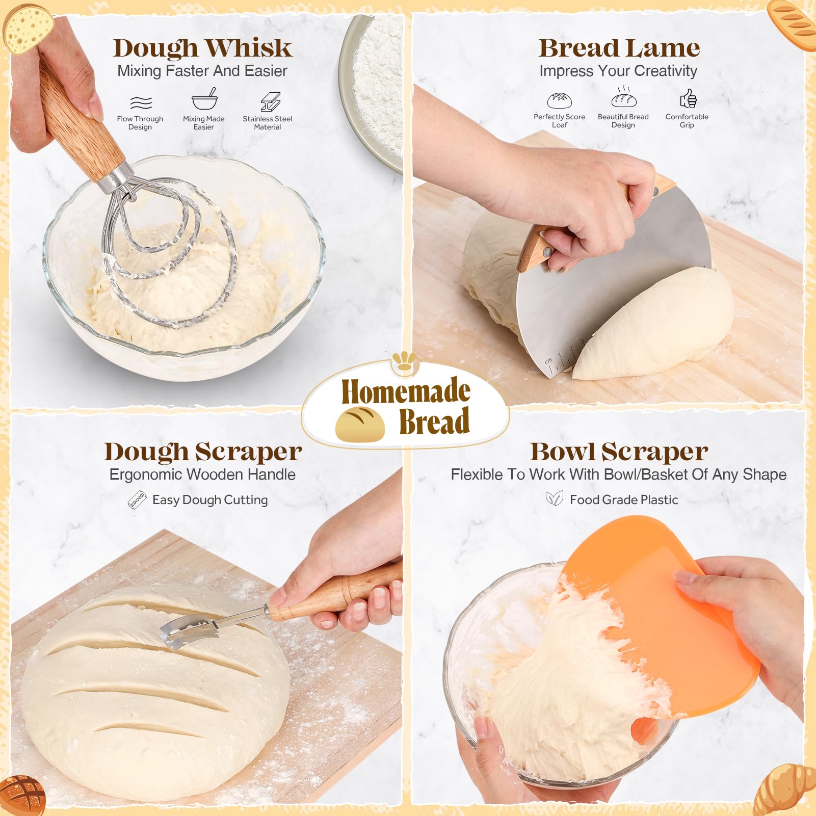 Premium Sourdough Bread Baking Kit - Includes Starter Kit, Proofing Basket, Bread Lame, Dough Whisk & Scraper - Complete Sourdough Tools Set for Artisan Homemade Bread Baking - Perfect for Beginners & Bakers