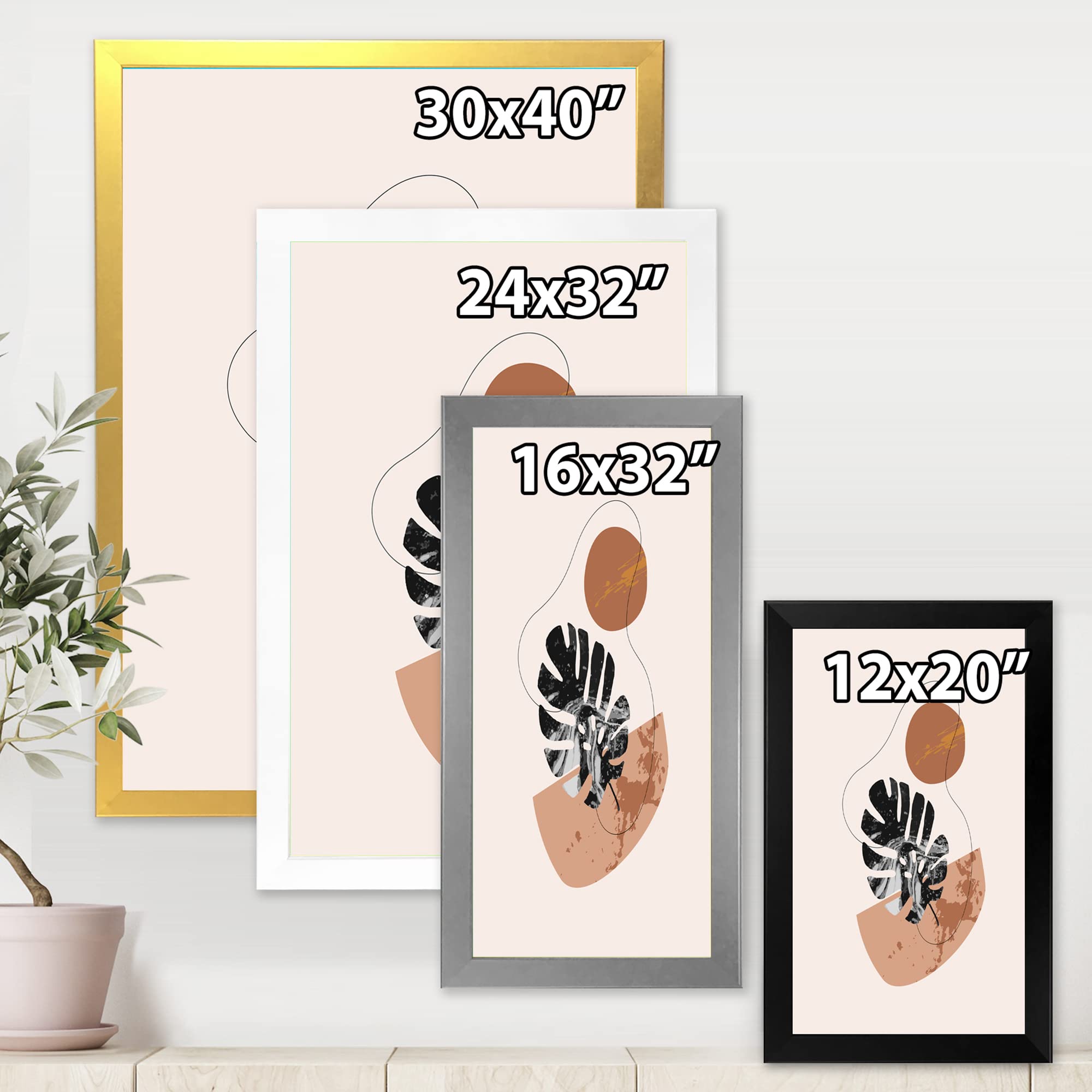 Abstract Shapes & Tropical Monstera Leaves Modern Framed Wall Art - Contemporary Home Decor for Living Room, Bedroom & Office - Ready to Hang Canvas Prints