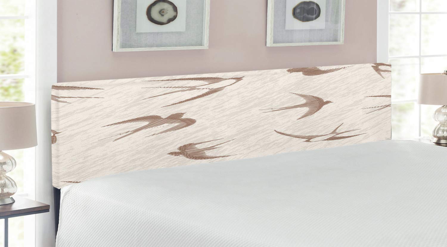 Ambesonne Vintage Flying Birds Headboard - King Size Upholstered Metal Bed Frame with Memory Foam, Beige Brown | Swallow & Wildlife Classic Art Design | Perfect for Bedroom Decor, Springtime Theme, and Nature-Inspired Interiors