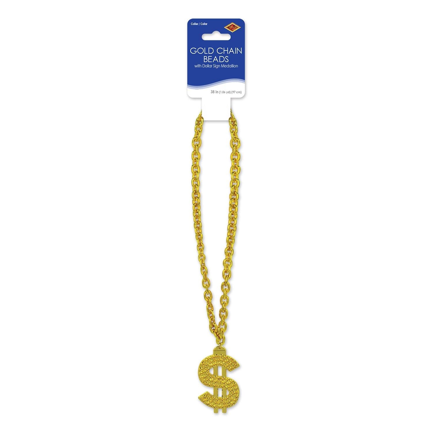 12 Pack Gold Chain Party Bead Necklaces with Dollar Sign Medallion - Perfect for Mardi Gras, Costume Parties & Hip Hop Events