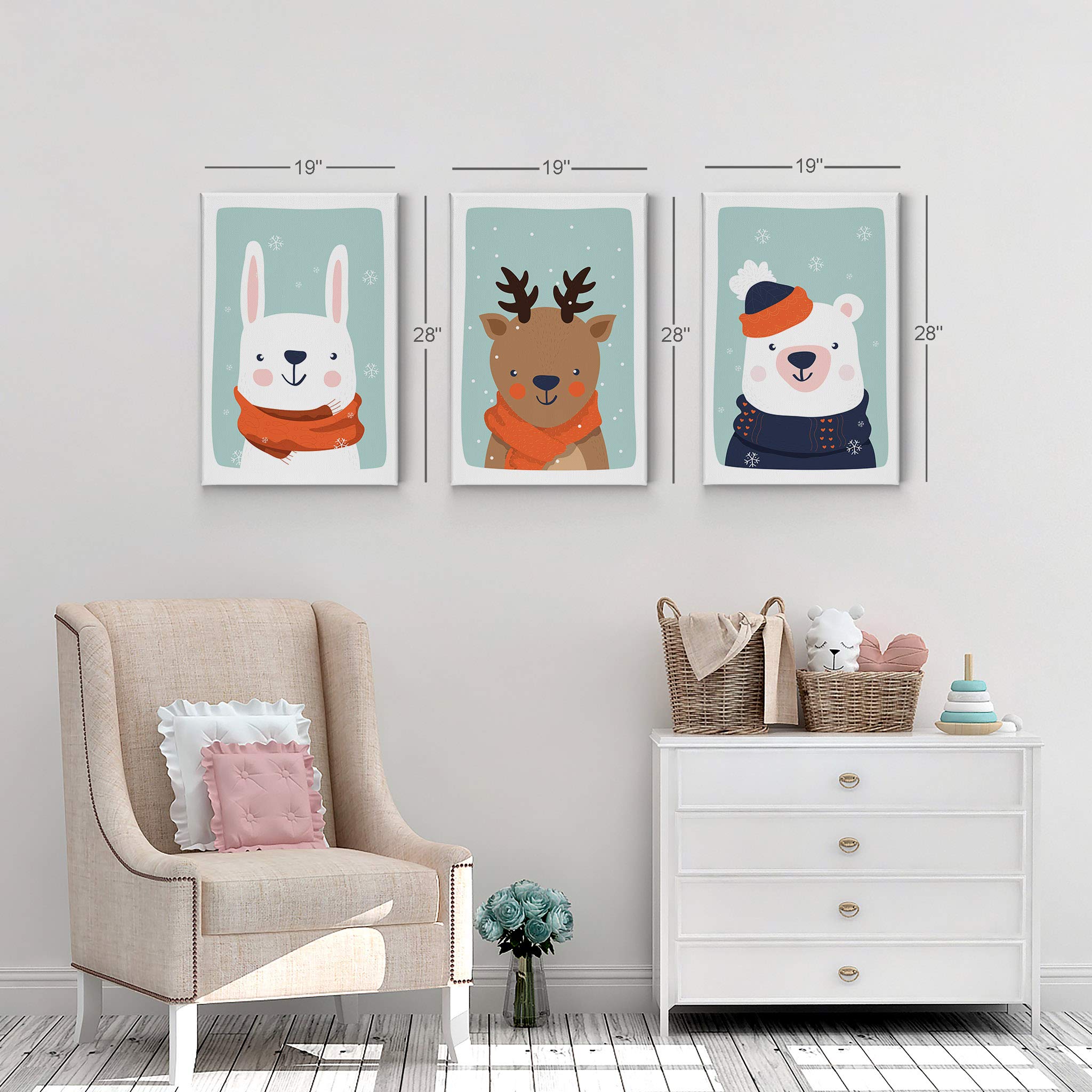 Cute Rabbit Deer Bear Winter Theme 3-Piece Canvas Wall Art Set for Kids Room Decor - Turquoise Background, Rolled Canvas Prints (40x30 inches x3) - Made in USA | Nursery, Bedroom & Playroom Wall Decor