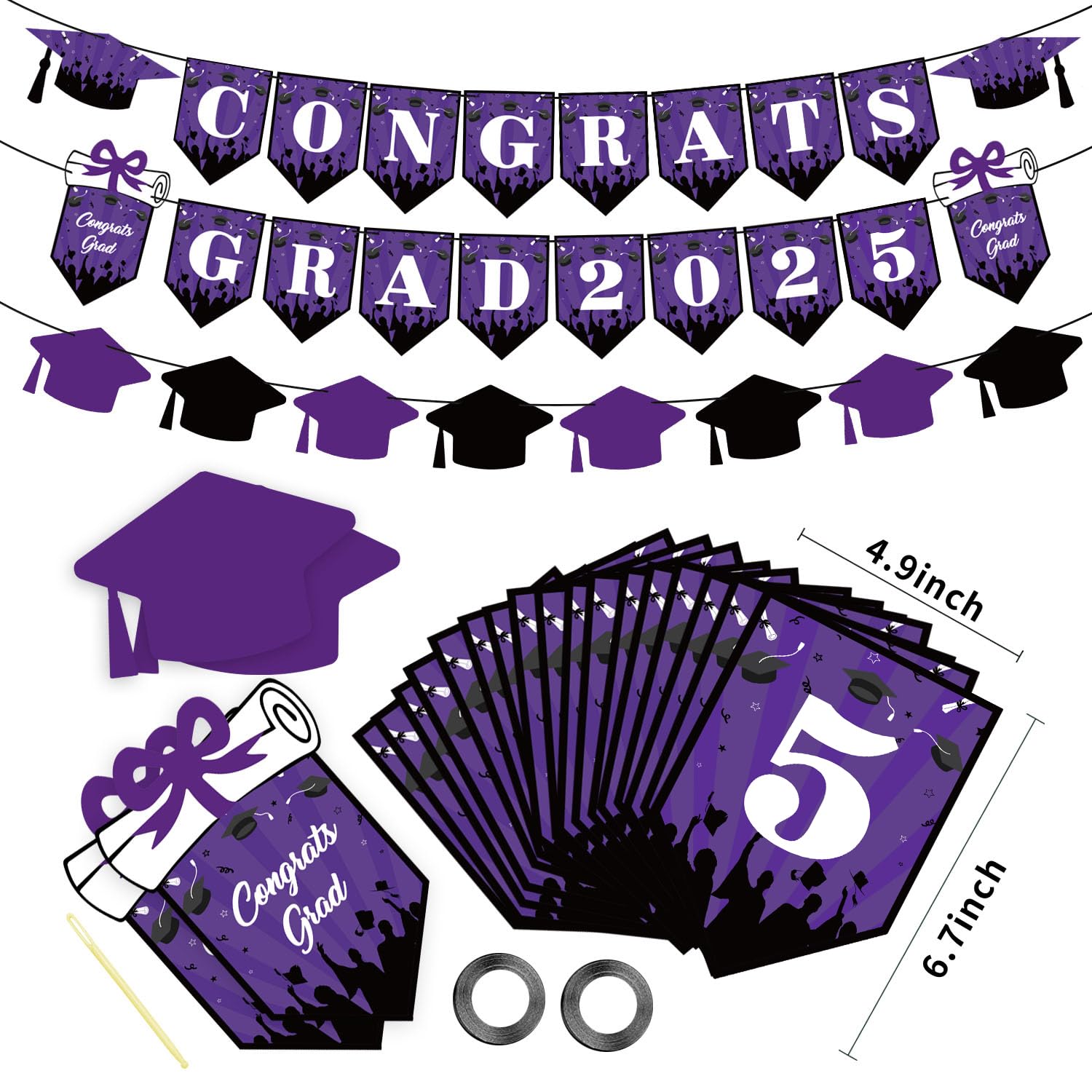 2025 Graduation Party Decorations - Purple, Black & Silver Congrats Grad Banner, Paper Pompoms, Hanging Swirls, Star Foil Balloons & Confetti Balloons for College & High School Graduation Celebrations - Perfect for Graduation Ceremonies, Parties & Photo Backdrops