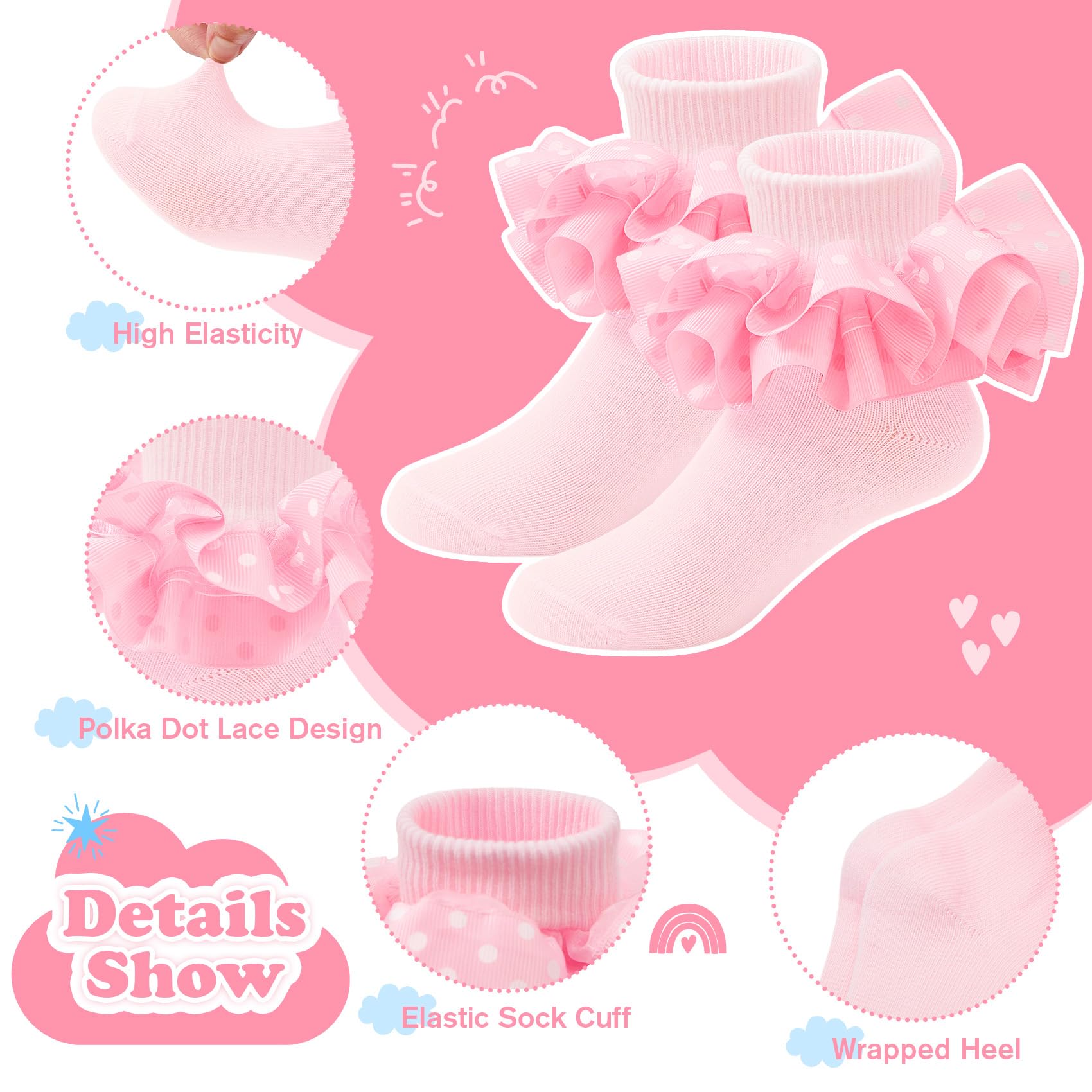 Durio Girls' Ruffle Socks - Lace Polka Dot Frilly Ankle Socks for Toddlers & Babies | Cute Dress Socks for Parties, Holidays & Special Occasions