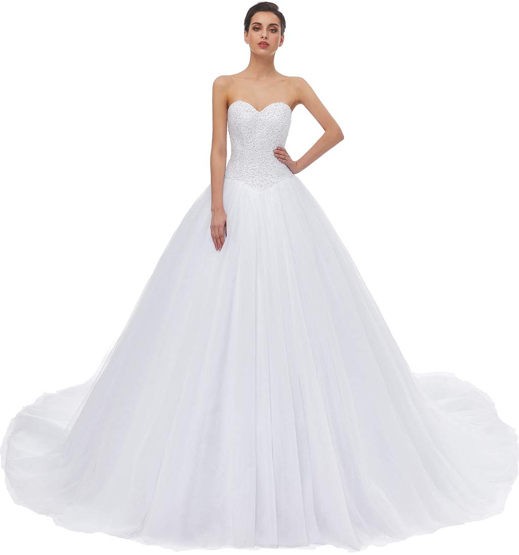 Sweetheart Neckline Tulle A-Line Wedding Dress with Train for Bride – Perfect for Church Ceremonies, Beach Weddings & Formal Receptions