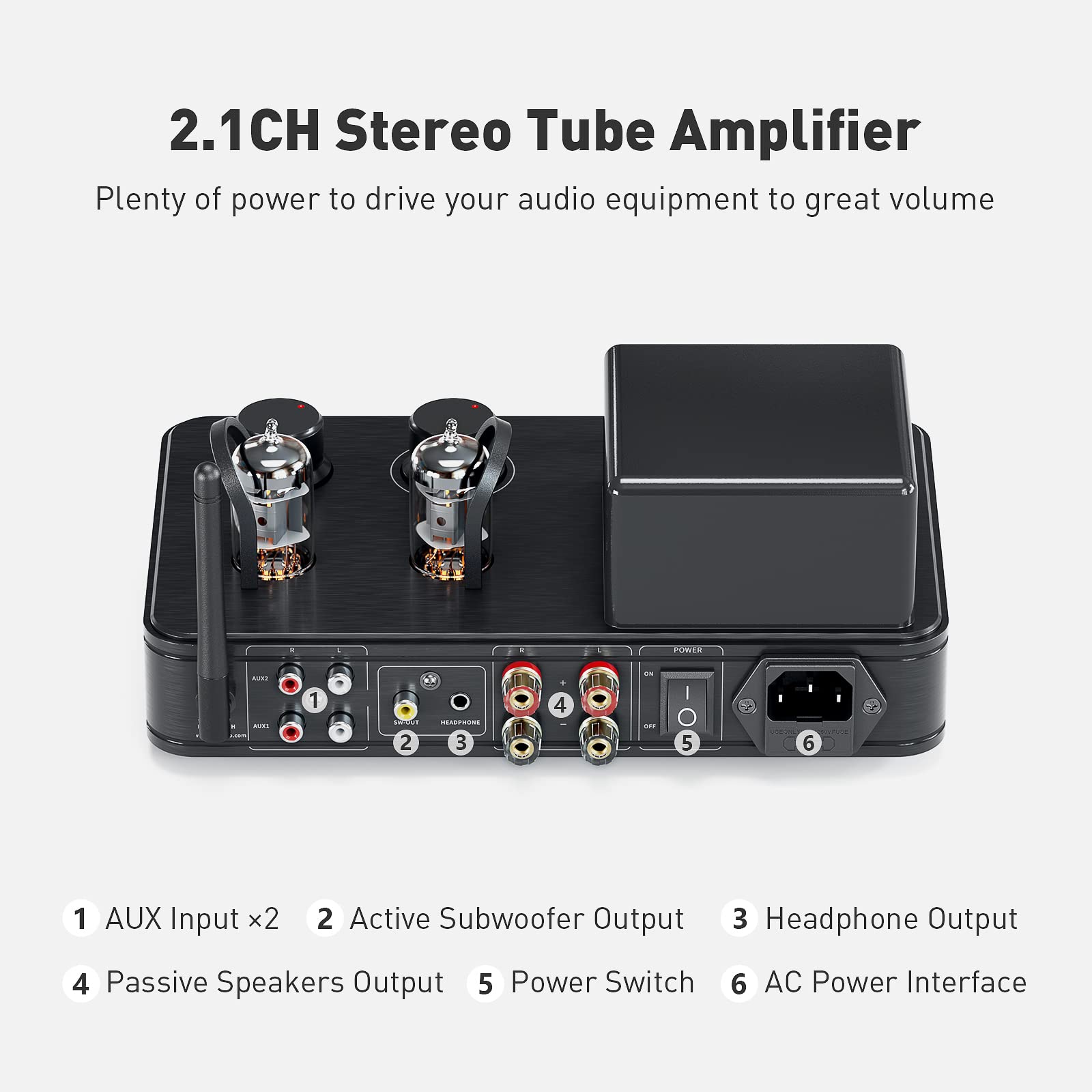 2.1 Channel Bluetooth 5.0 Stereo Receiver Amplifier with Hi-Fi Tube Headphone Amp - Wireless Audio System for Home Theater, Passive Speakers & Headphones - USB/Aux Input for Vinyl, TV, PC & Gaming Setup