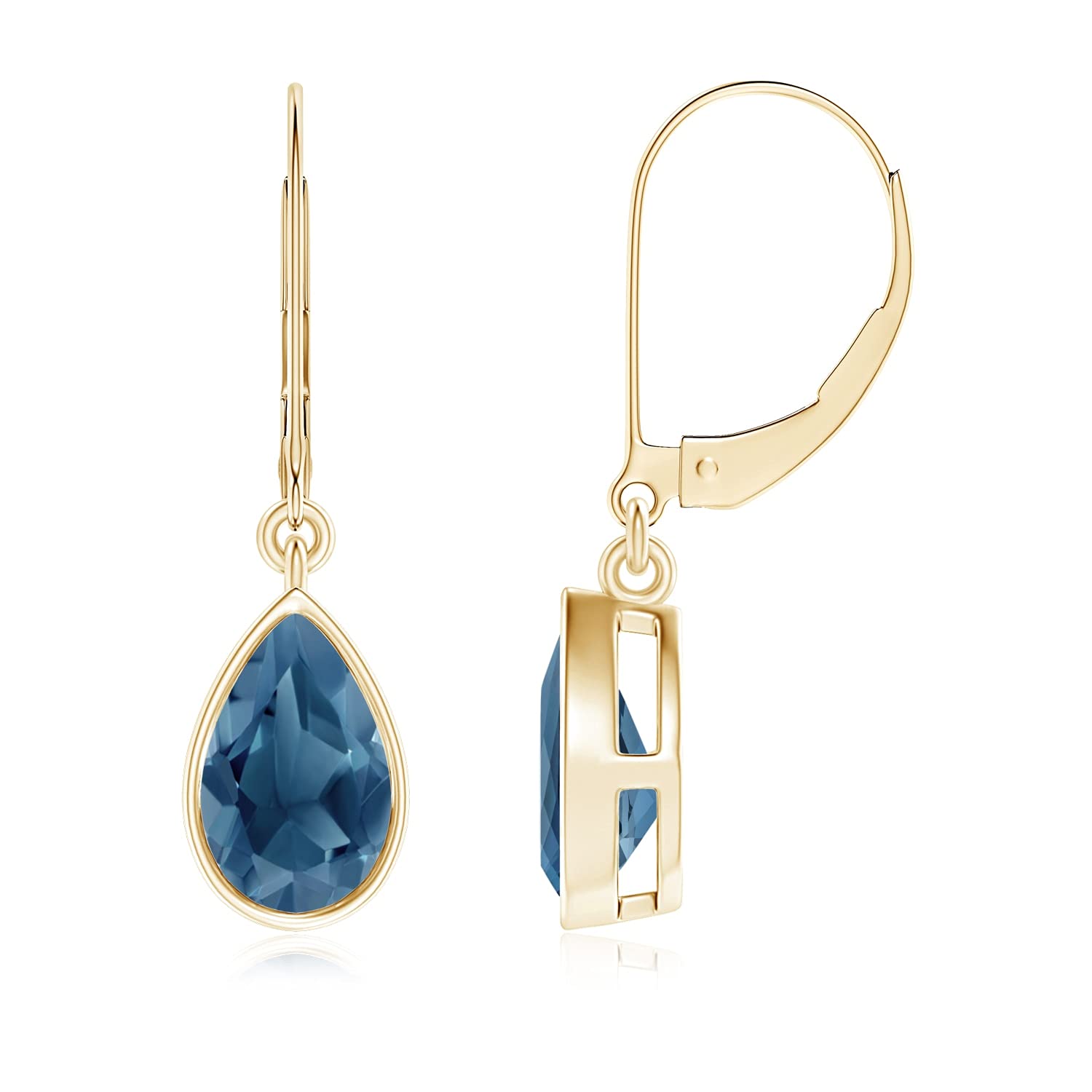 14K Yellow Gold Bezel-Set Pear London Blue Topaz Leverback Drop Earrings (8x5mm) | Elegant Jewelry for Weddings, Parties & Special Occasions