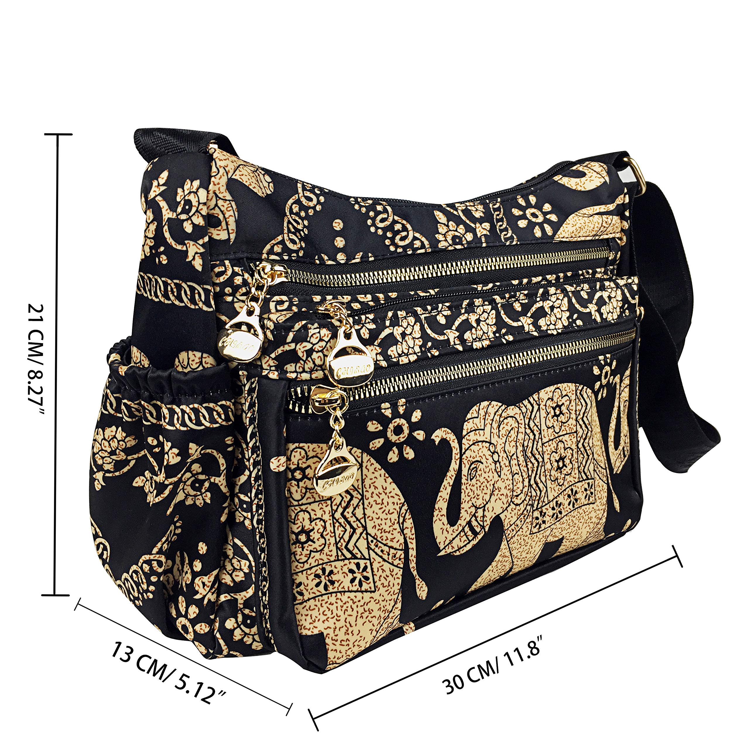 Women's Crossbody Bag with Multiple Pockets - Boho Elephant Print Nylon Shoulder Purse for Everyday Use, Travel & Casual Outings