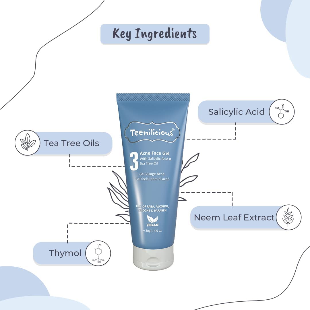 Teenilicious Acne Face Gel with 2% Salicylic Acid & Tea Tree Oil - Acne Treatment for Men & Women - Blackhead & Whitehead Remover - Pore Cleanser for Oily Skin - 30g | Daily Skincare Routine for Clear, Healthy Skin