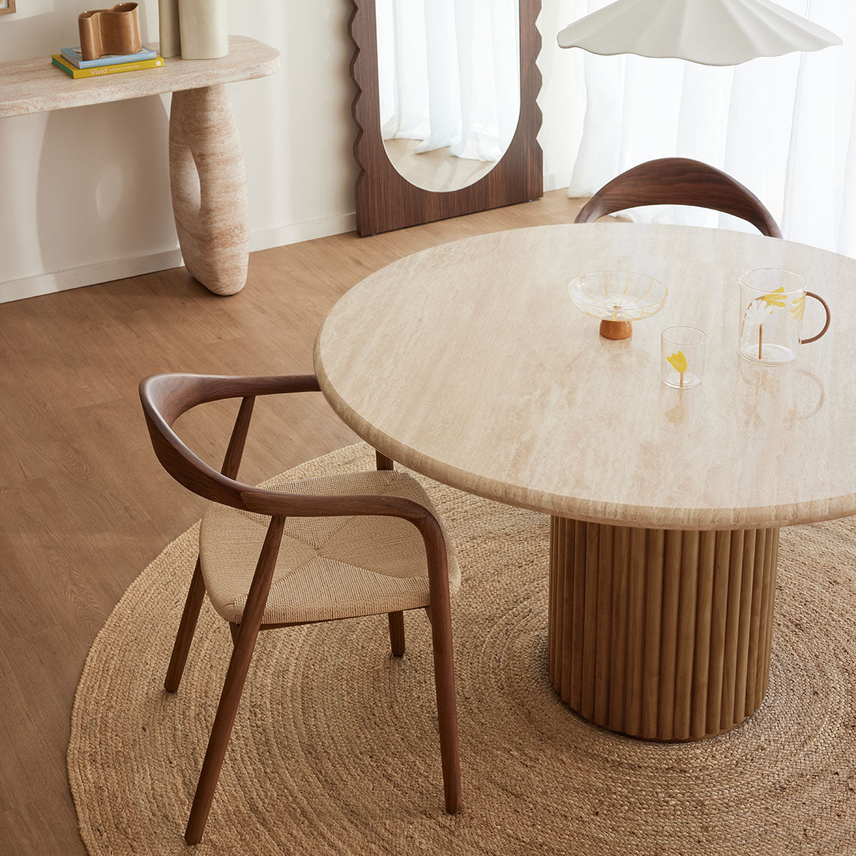 Premium Cosmos Solid Oak & Travertine Dining Table - 59 Inch Round Modern Kitchen Table for Family Gatherings & Dinner Parties