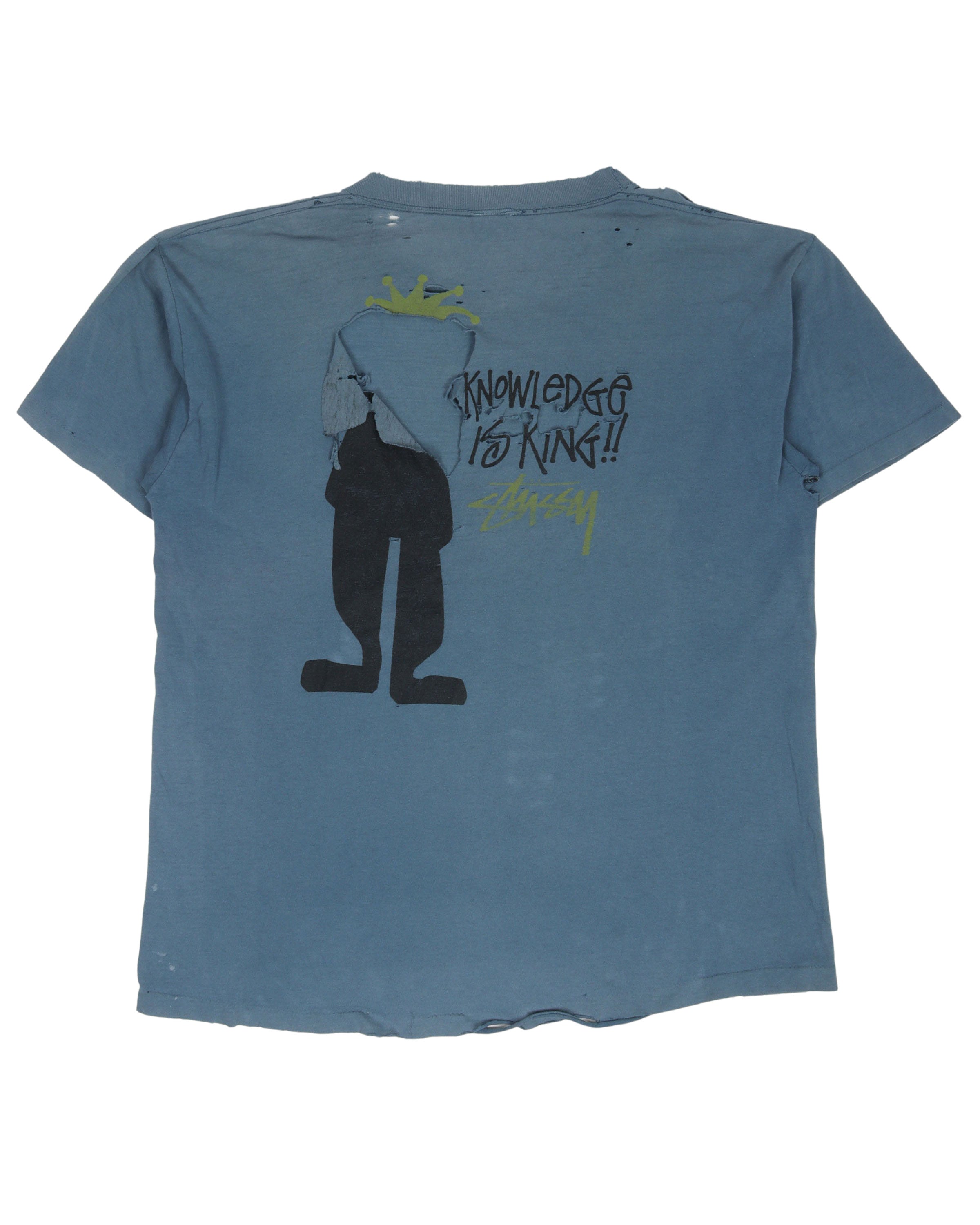 Vintage 1990s Stussy 'Knowledge is King' Graphic T-Shirt - Retro Streetwear Fashion for Men & Women - Perfect for Casual Wear, Music Festivals, and 90s Nostalgia