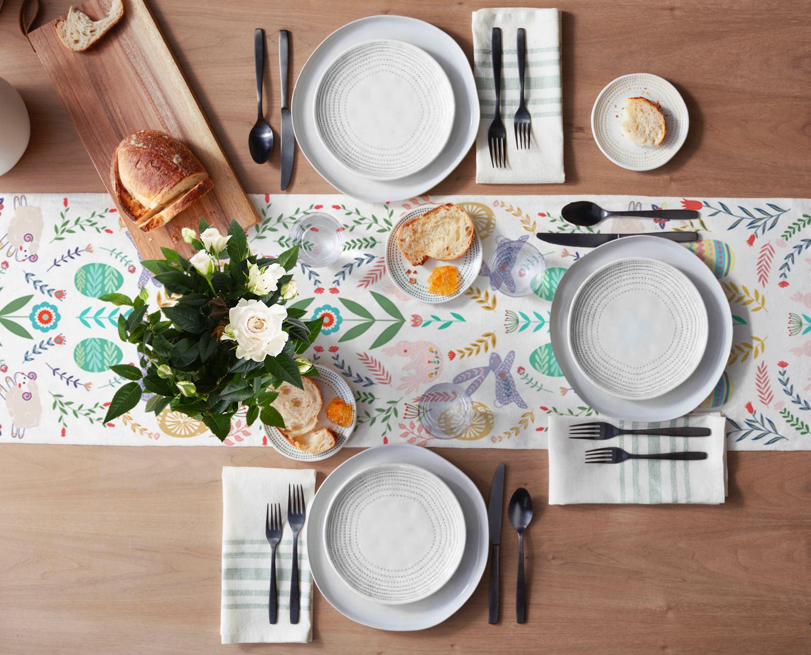 Easter Table Runner - 13x108 Inch Bunny & Eggs Design Spring Floral Decorative Table Scarf for Easter Dinner, Kitchen Decor, Home Party & Seasonal Celebration - Perfect for Holiday Dining Room Decorations
