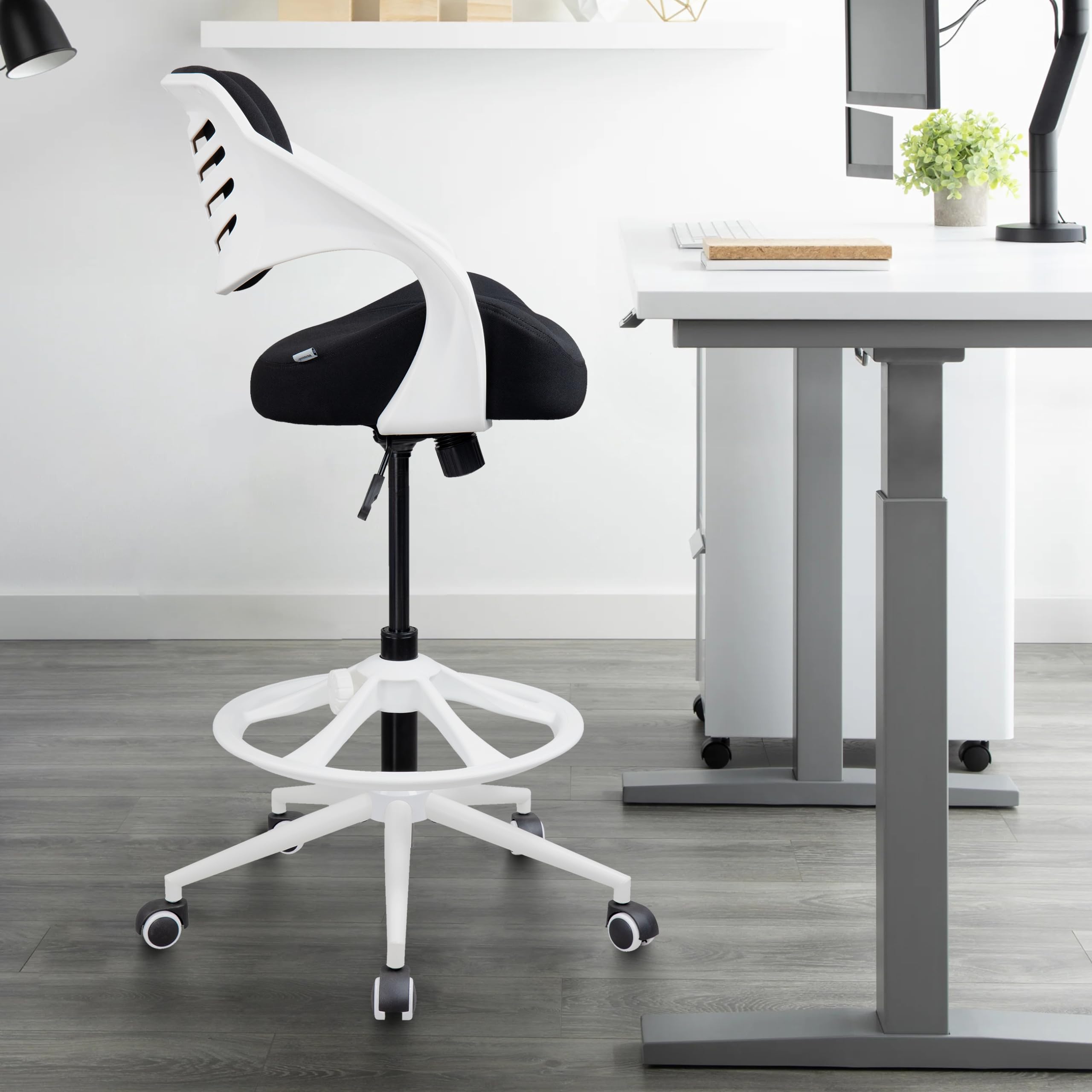 Ergonomic Drafting Chair with Lumbar Support & Foot Ring - Adjustable Swivel Task Chair for Standing Desk - Black - Perfect for Office, Home Office & Studio Workspaces
