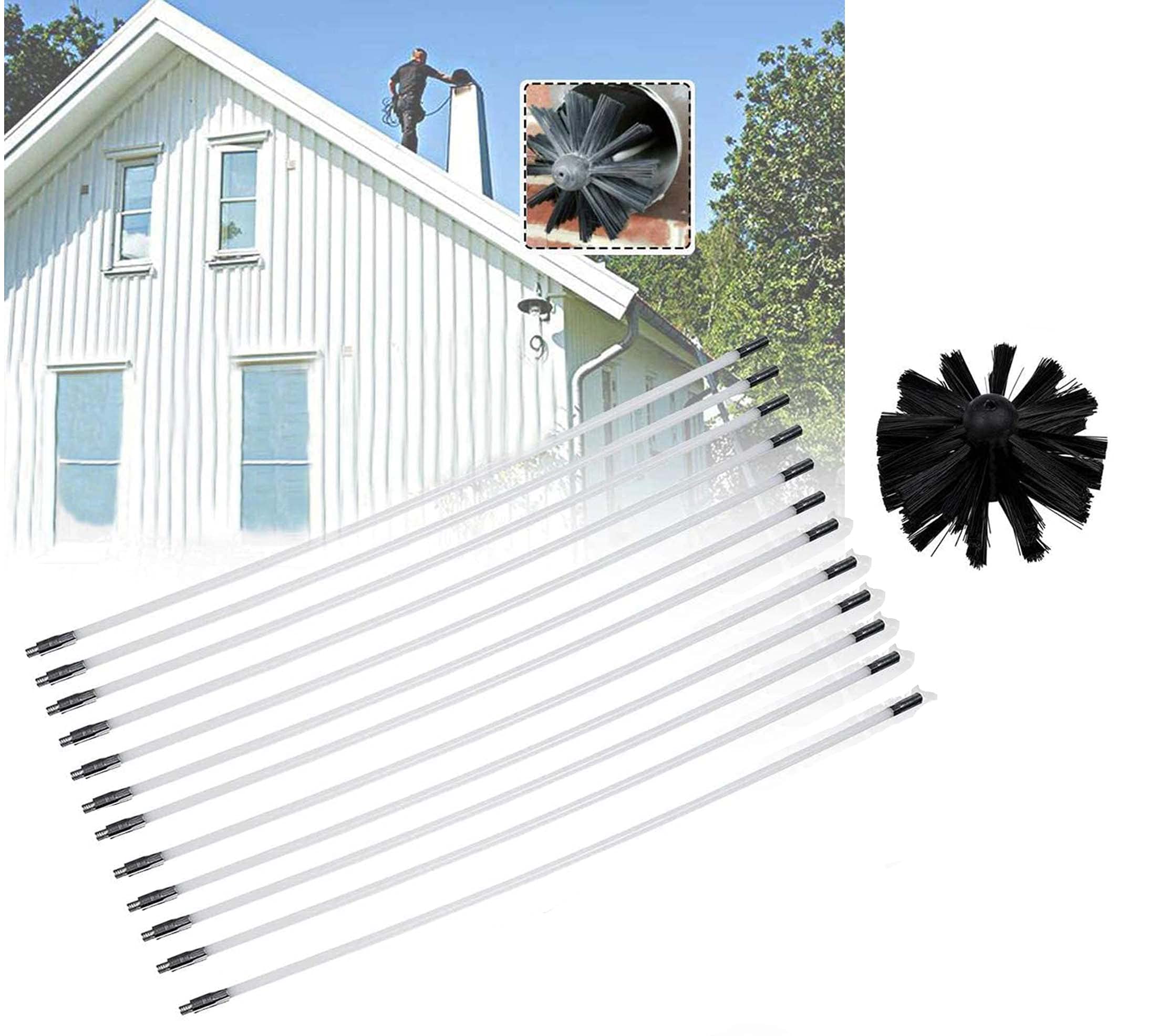 QDY Chimney Sweep Brush Kit - Flexible 6/9/12/15 Rods Dryer Vent & Fireplace Cleaner for Sewage Pipe, Fume Hood (41cm, 12 Rods) - Perfect for Home Fireplace Maintenance & HVAC System Cleaning