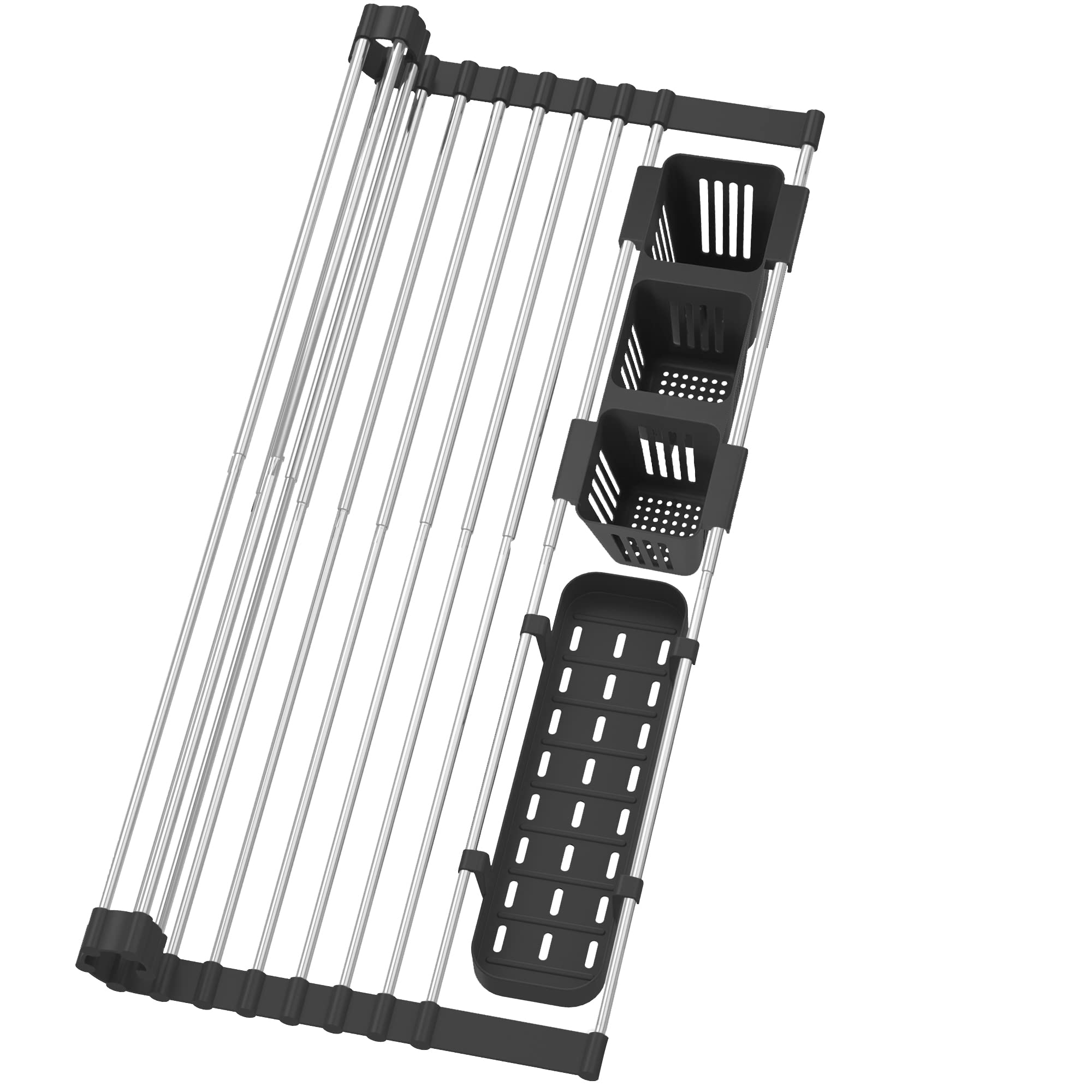 BBXTYLY Expandable Roll Up Dish Drying Rack - 22.8 Inch Over The Sink Kitchen Drainer with 2 Storage Baskets | Foldable & Rollable Design for Dishes, Cups, Utensils | Perfect for Small Kitchens, Apartments & RV Use