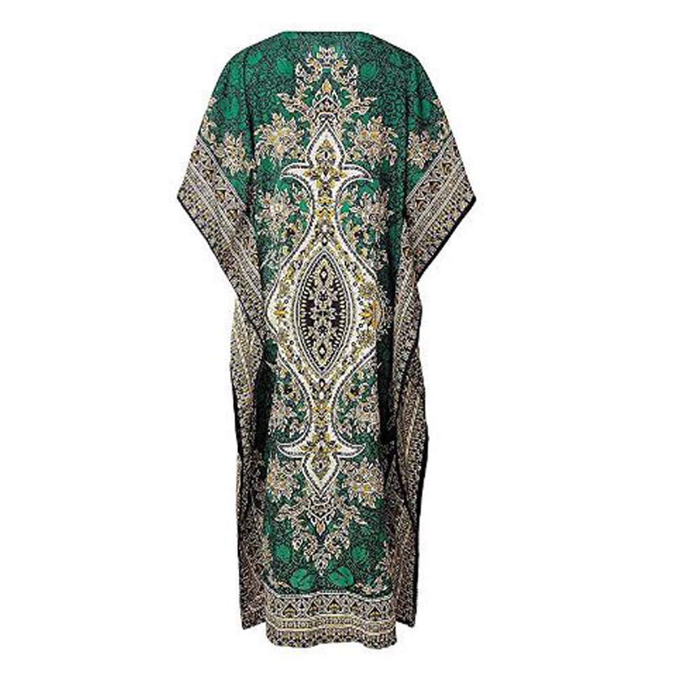 Sharvgun Women's Long Kaftan Dress - V-Neck Kimono Tunic with Drawstring Waist, Flowy Beach Cover Up & Casual Lounge Gown, One Size Fits Most in Emerald Green | Perfect for Vacation, Poolside, Boho Outfits & Relaxing at Home