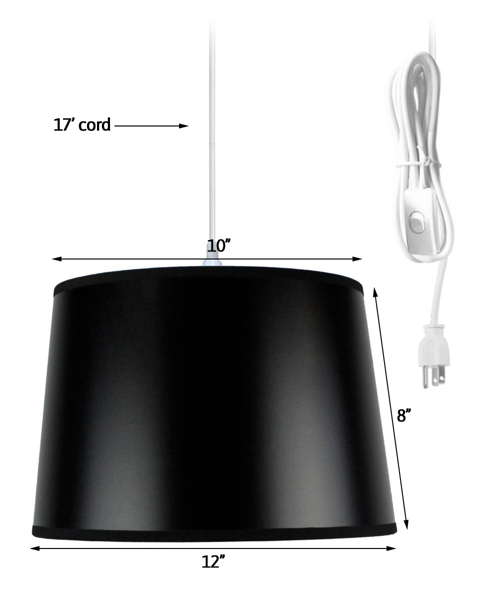 12W Single Light Plug-In Swag Pendant with Black Shallow Drum Shade & White Cord - Perfect for Bedroom, Kitchen, or Dining Room Lighting