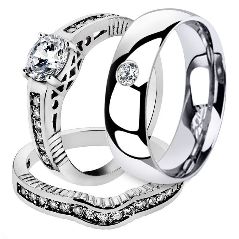 His & Her 3-Piece Stainless Steel Wedding Set with 1.75ct CZ - Perfect for Bridal & Engagement