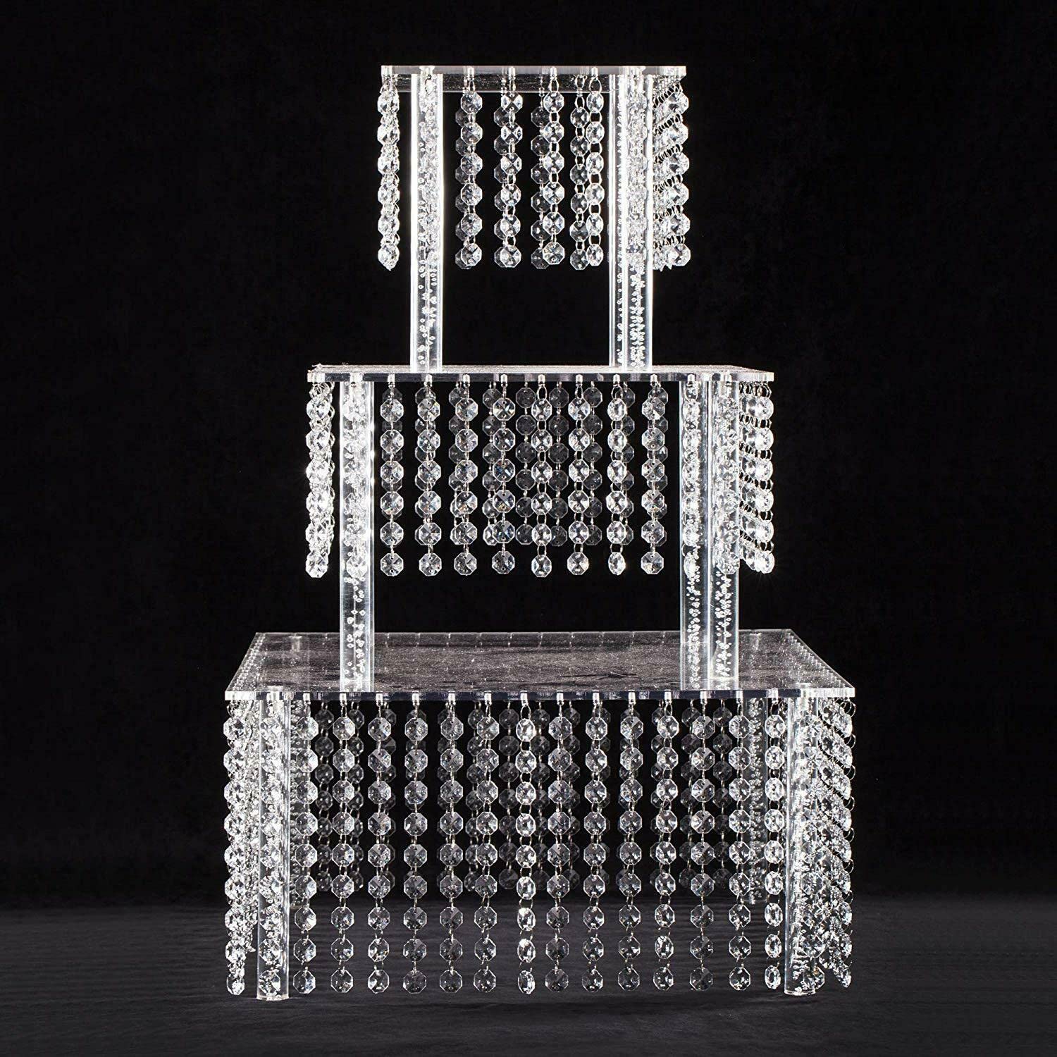 3 Tier Square Crystal Cake Stand Set - Elegant Wedding Dessert Display for Cupcakes, Cakes & Pastries - Silver Finish for Bridal Showers, Birthday Parties & Tea Events