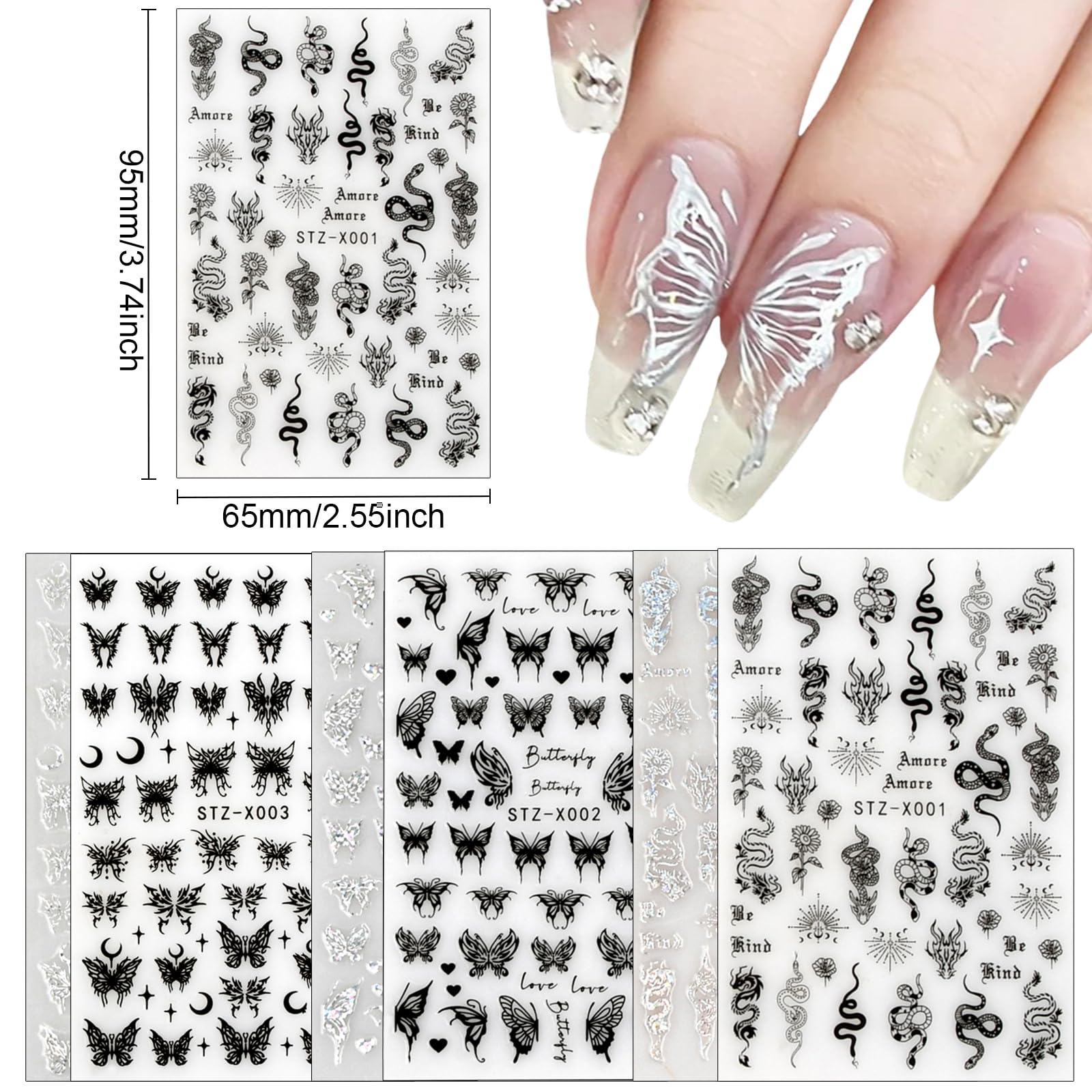 6 Sheets Nail Art Stickers - Self-Adhesive Butterfly, Star & Moon Nail Decals, Black Snake Design DIY Manicure Stickers for Women & Girls - Perfect for Parties, Salons & Home Nail Art