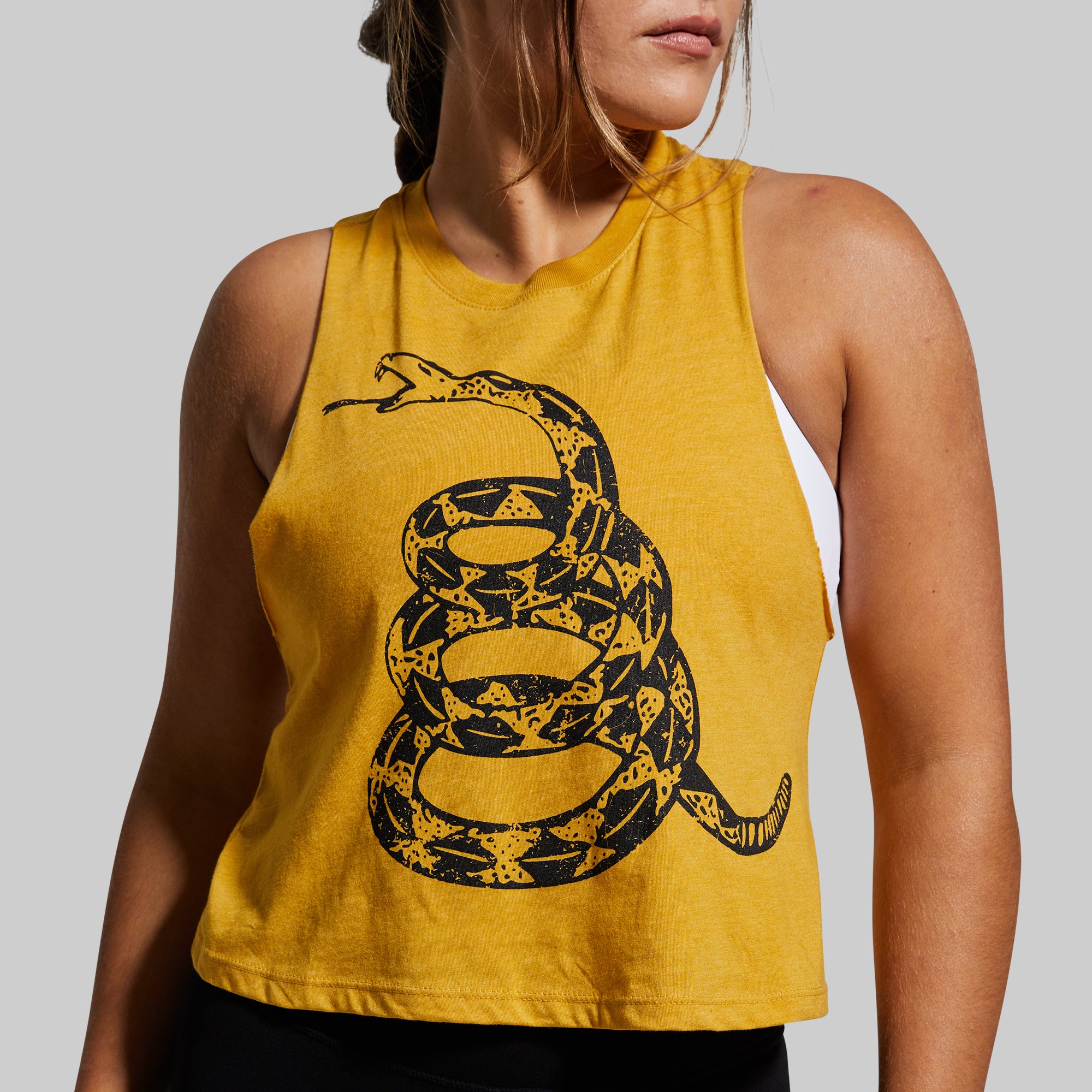 Gadsden Flag Crop Top - Don't Tread On Me Mustard Yellow Women's T-Shirt | Patriotic American Revolution Style | Perfect for 4th of July, Political Rallies & Freedom Themed Events
