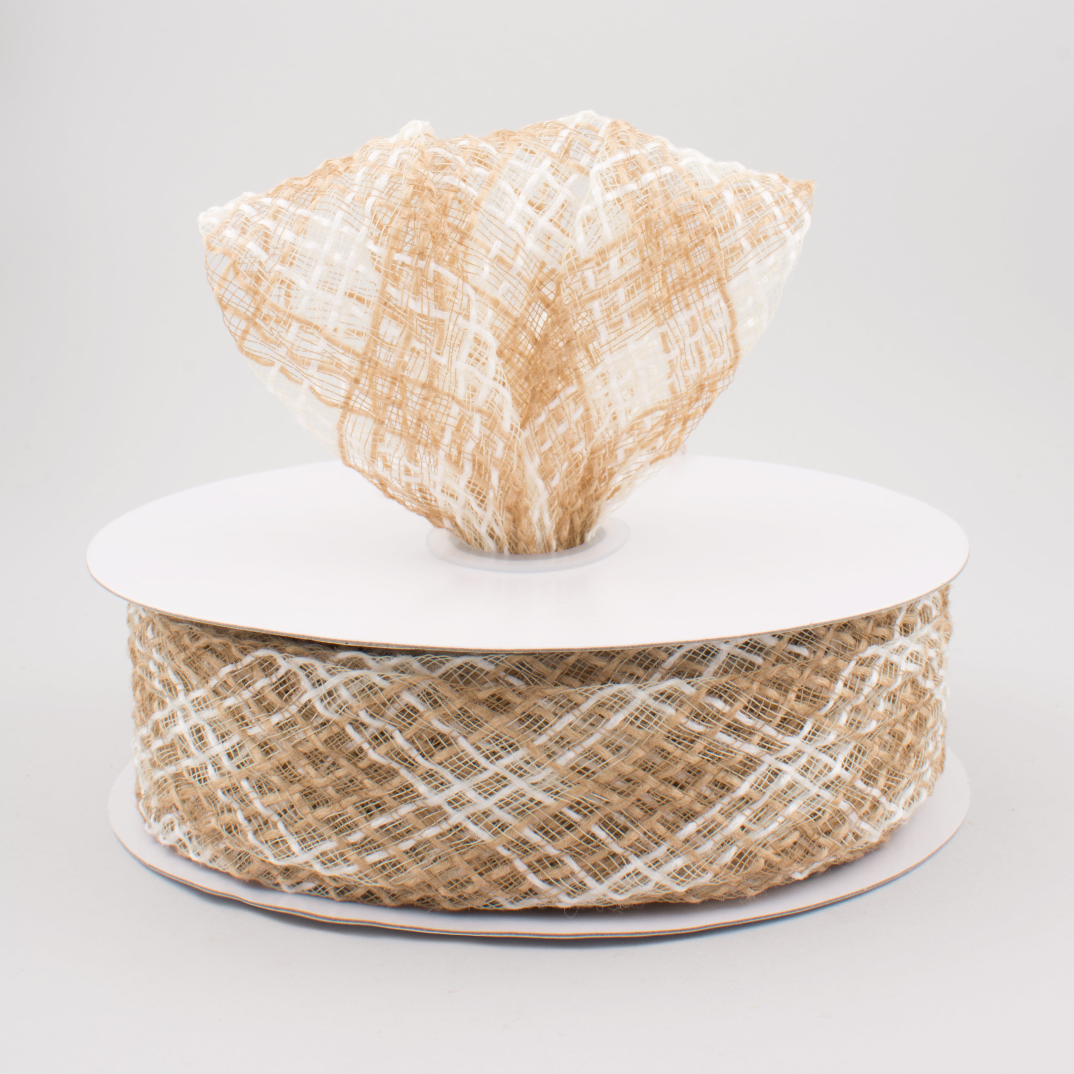 1.5 Inch Natural & Cream Jute Deco Flex Plaid Ribbon - 20 Yards Bulk Roll for Gift Wrapping, DIY Crafts, Wedding Decorations and Home Decoration